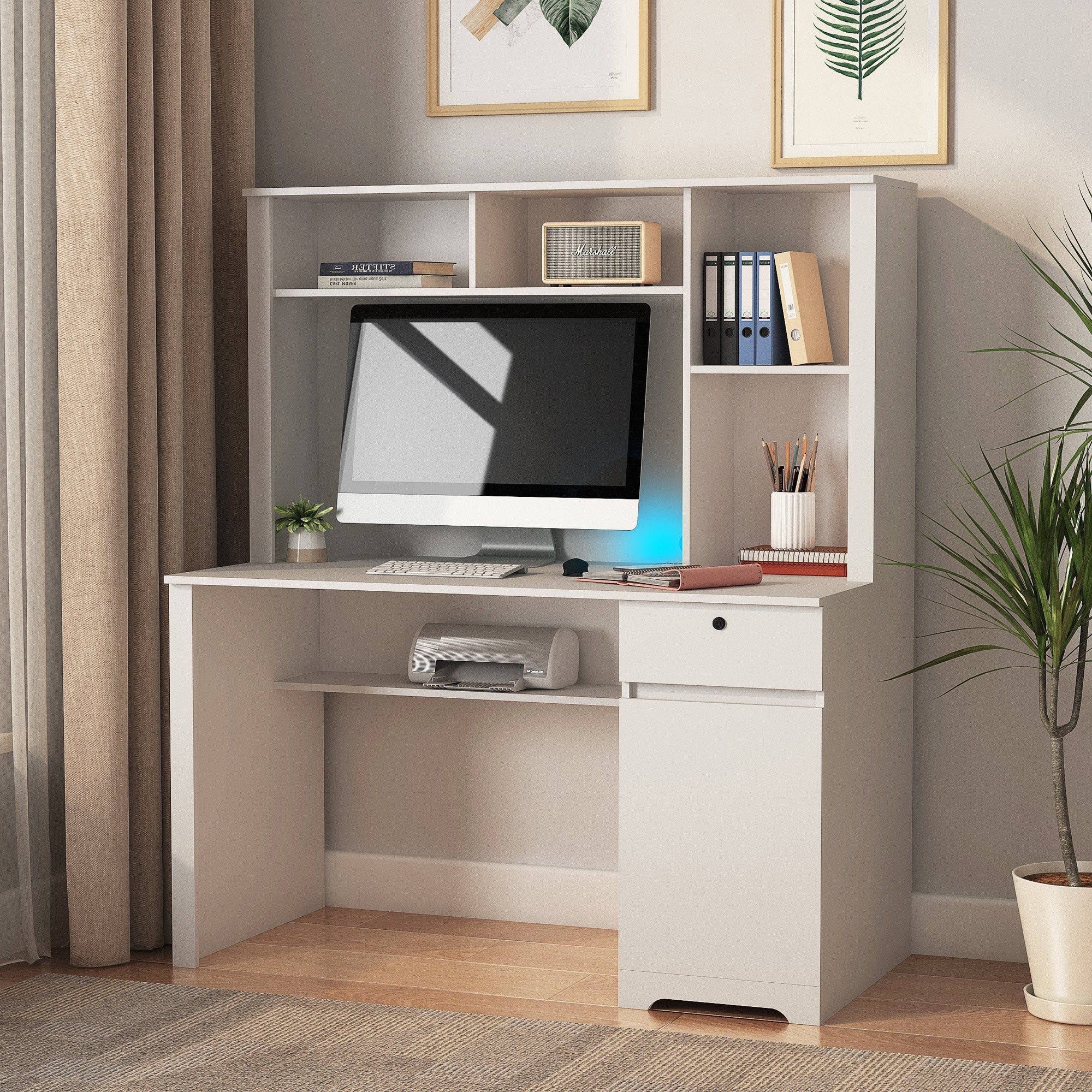 Computer Desk with Hutch & Bookshelf,Wood Executive Desk Teens Student Desk Writing Laptop Home Office Desk with Drawers,3 AC Outlets and 2 USB Charging Ports,Study Laptop Table for Home