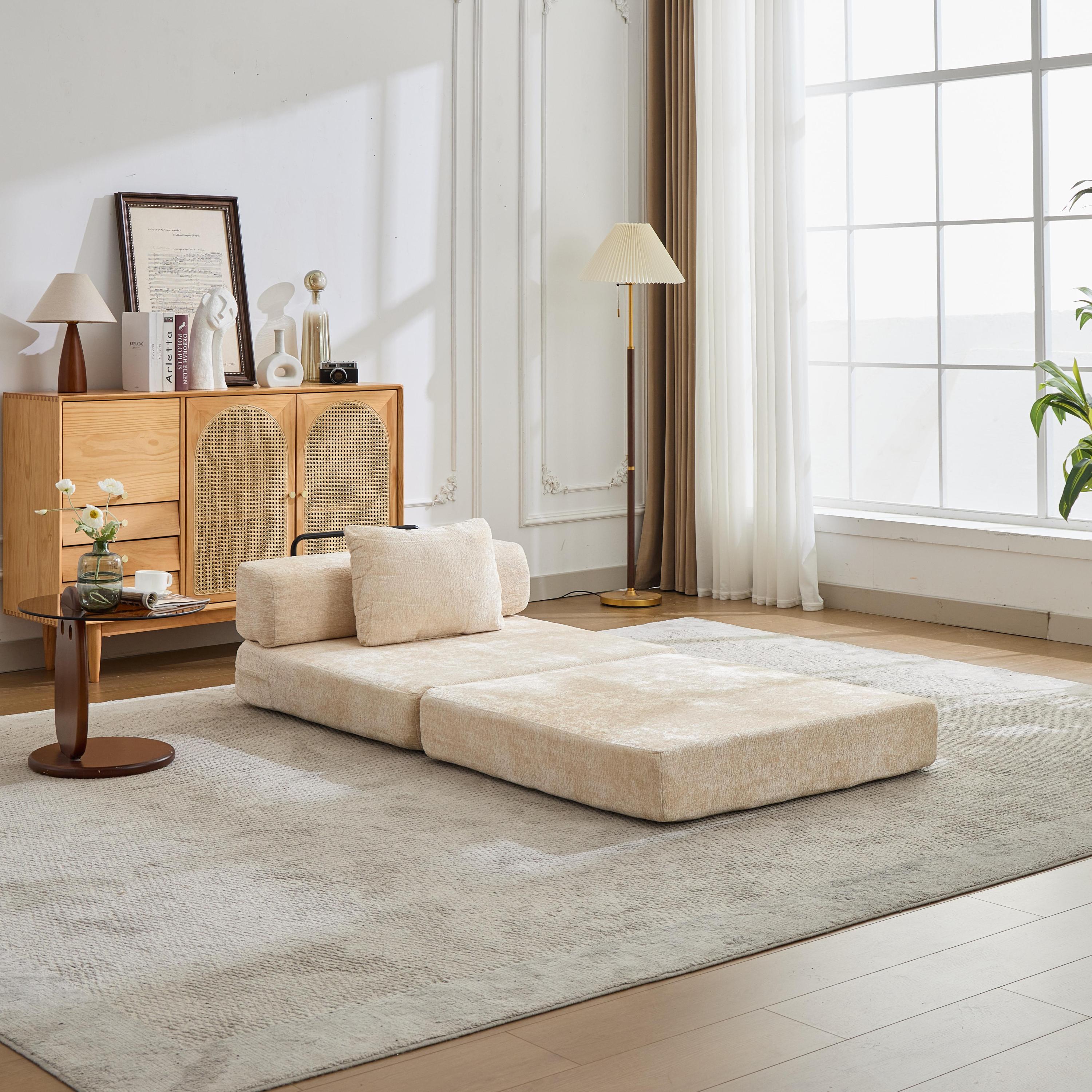 Compression Sofa,Convertible Floor Sofa Bed with Fixed-Shape Frame,Single Seater Boneless Modular Sectional Sofa,No Assembly Required,Chenille fabric,for Living Room Bedroom,Beige