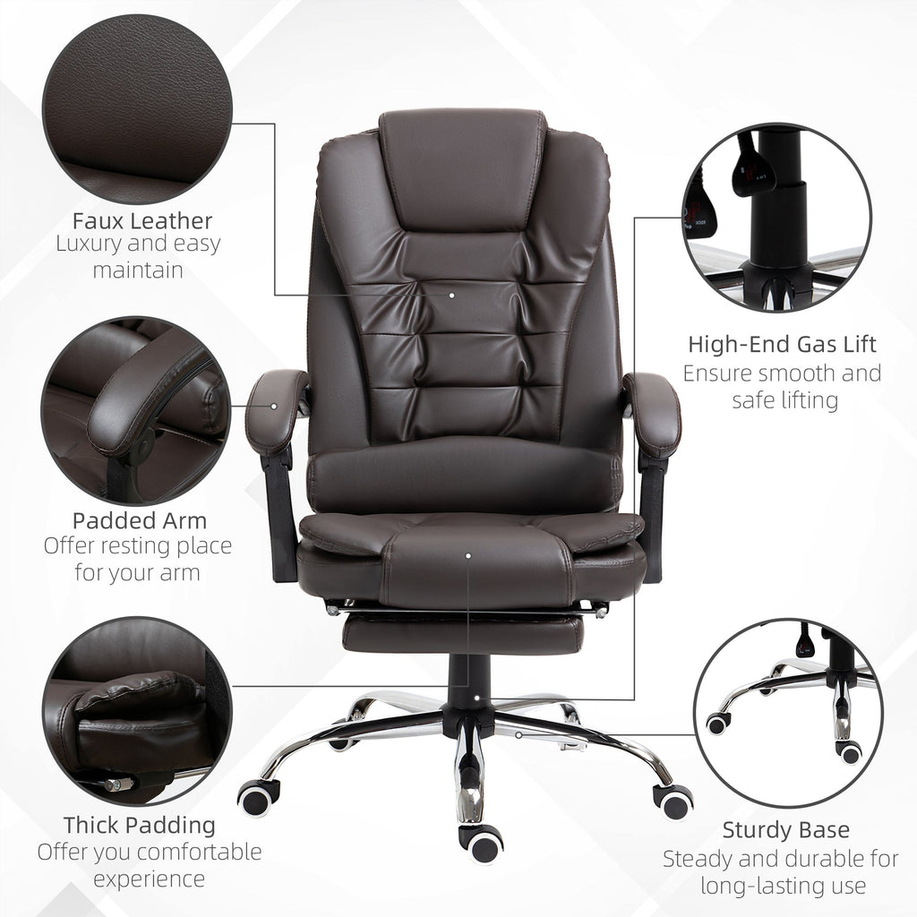 HOMCOM High Back Ergonomic Executive Office Chair, PU Leather Computer Chair with Retractable Footrest, Lumbar Support, Padded Headrest and Armrest, Coffee