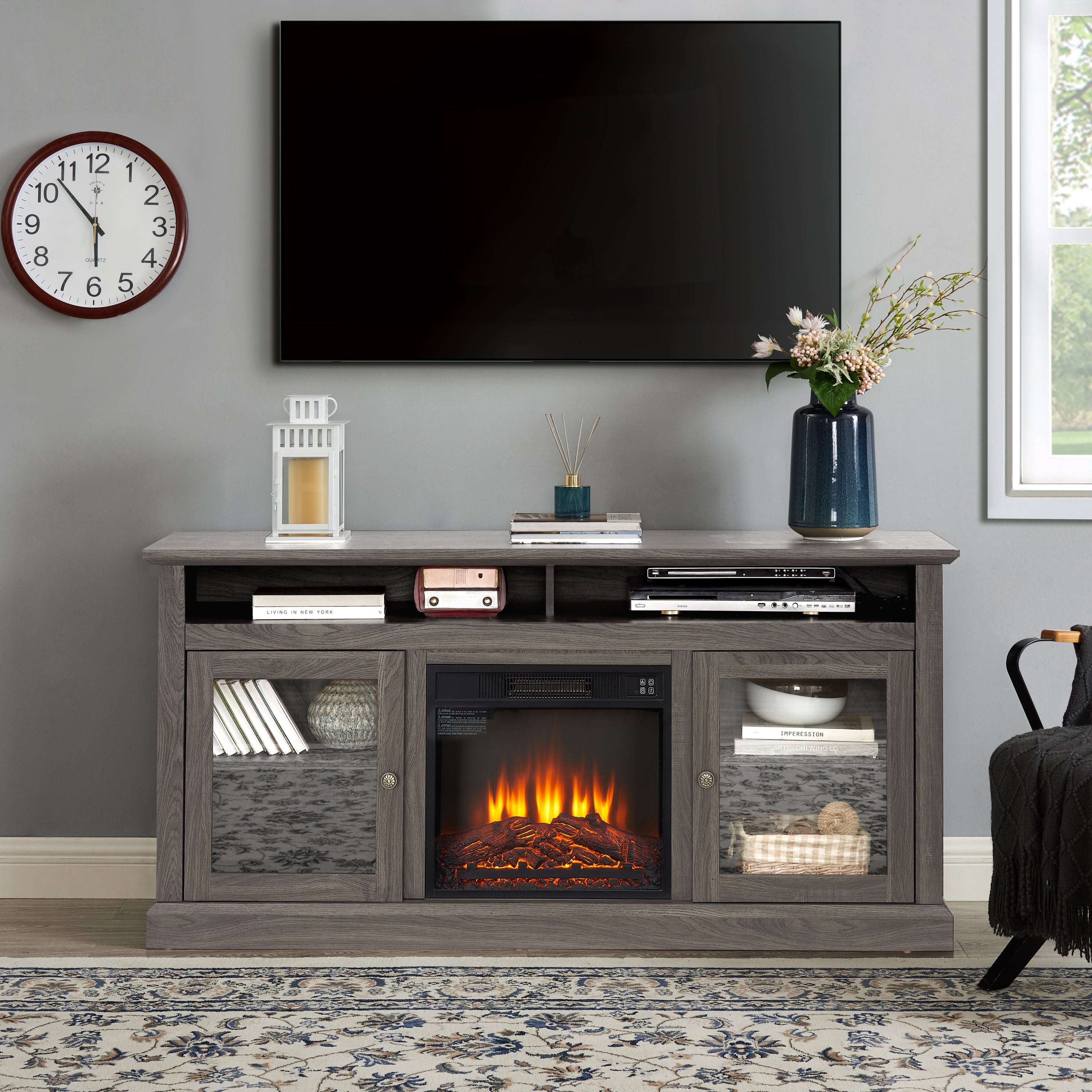 Retro TV Stand for 65'' TV, TV Console Cabinet with Storage, Open Shelves Entertainment Center with 18' Fireplace Insert  for Living Room Dark Walnut 60'W*15.75'D*29'H