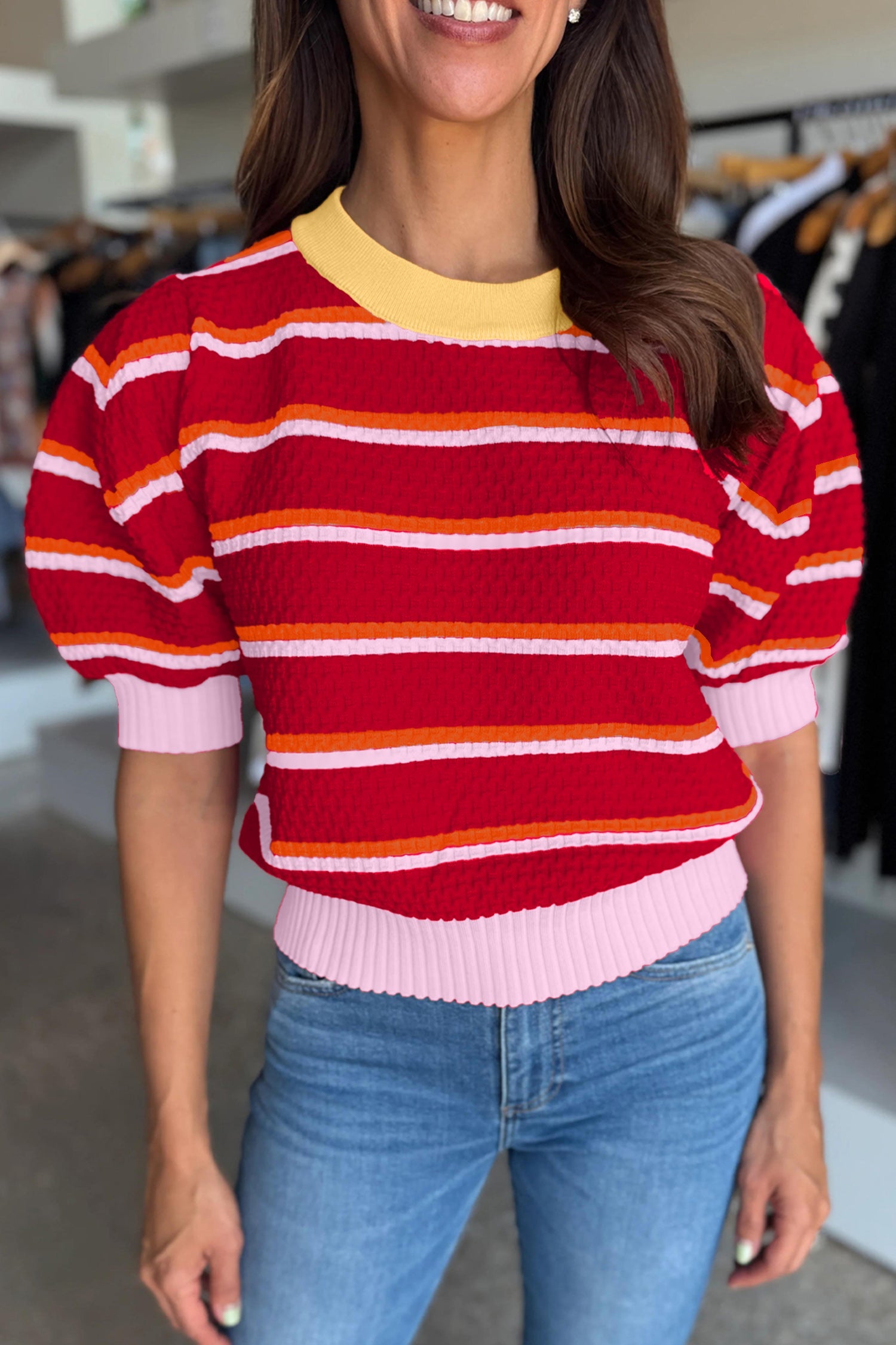 Stripe Colorblock Trim 3/4 Sleeve Sweater Top