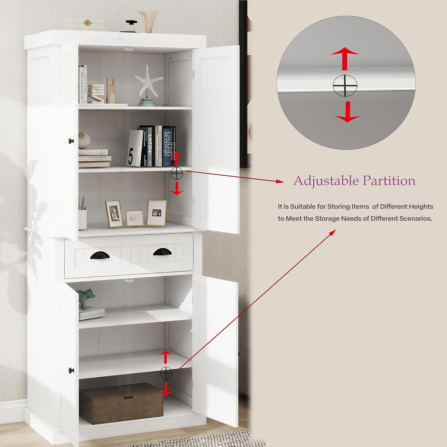 71' Kitchen Pantry Storage Cabinet , with 4 Doors, Drawer, 2 Adjustable Shelves, Freestanding Cupboard for Dining Room Living Room, Laundry-White