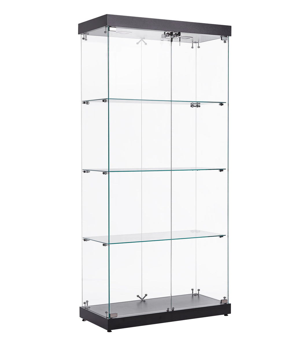 4-Tier Glass Display Cabinet, Double Door Glass Cabinet, Four Partitions, Two Locks, Floor Standing Storage Cabinet for Living Room, Bedroom, Showroom and Office, Black, 31.5'L x 14.2'W x 66.3'H