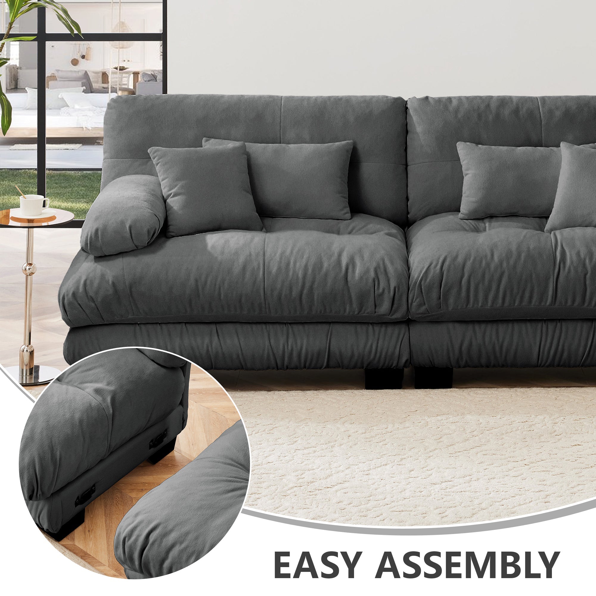 Cloud Couch Sleeper Sofa for Living Room, Chenille 2 Seater sofa with 2 Lumbar pillows and 2 throw pillows , Upholstered Wide Arm Sofa with 2 Ottomans,Chenille Gray