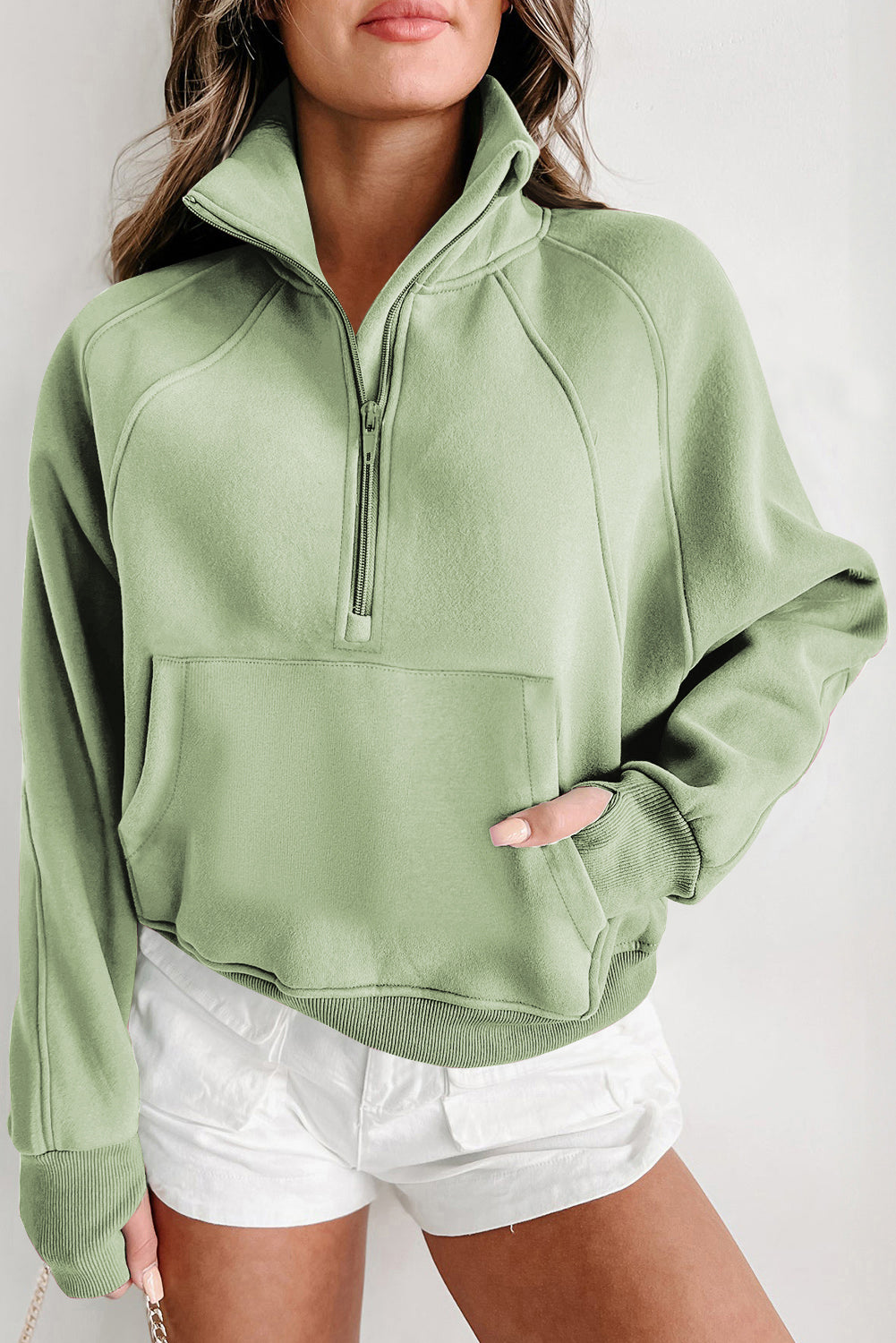 Green Zip Stand Collar Ribbed Thumbhole Sleeve Sweatshirt