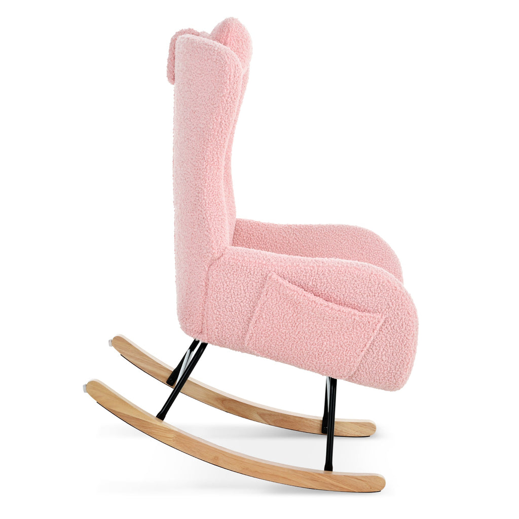 Rocking Chair Nursery, Teddy Upholstered Rocker Glider Chair with High Backrest, Adjustable Headrest & Pocket, Comfy Glider Chair for Nursery, Bedroom, Living Room, Offices, Rubber wood, pink