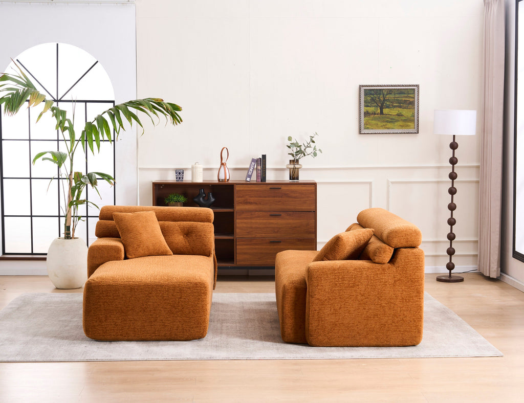 LY-029B Convertible Chaise Sectional Sofa, Full Compression Sponge Modular Couch for Apartment Living Room,Orange 3-Seater with Wood Grain Chenille, 2 Pillows Included, 86'L