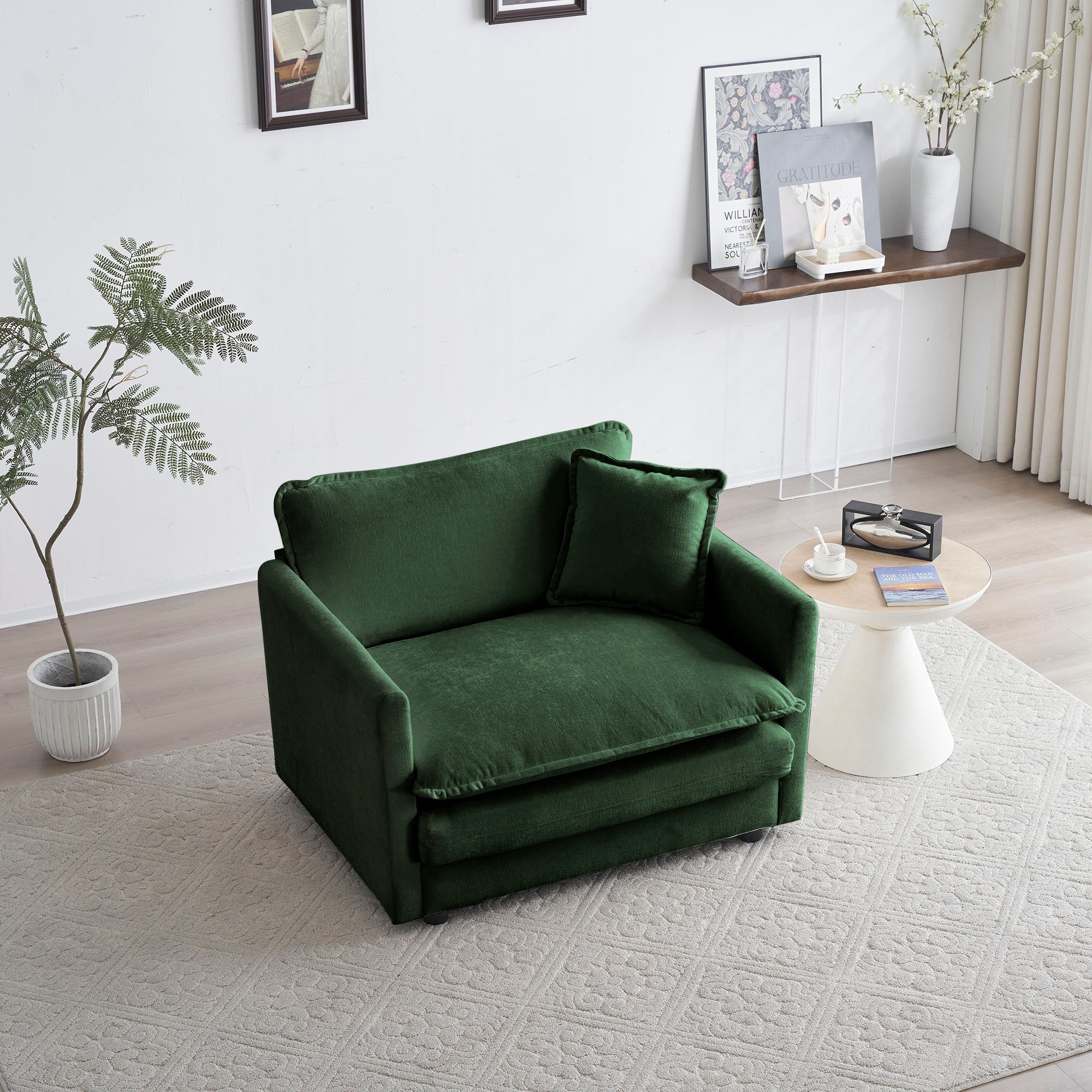 Sofa Set of 3, 1+1+3 Seats Living Room Sofa Set, Accent Chair, Loveseat, and Three-Seat Sofa Modern Style Round Arms 3 Piece Sofa Set, Green Chenille