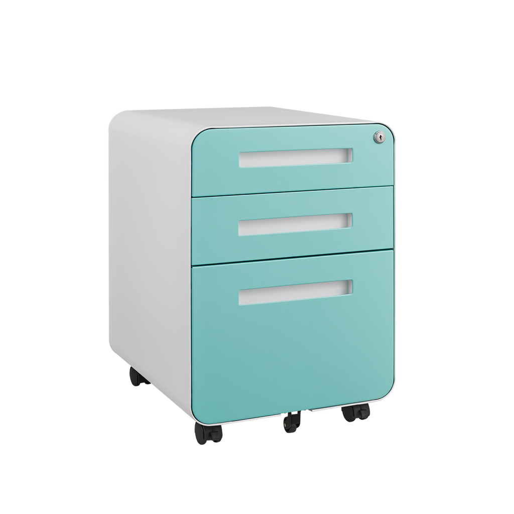 Simple Style 3 Drawer Mobile File Cabinet Under Desk Office Storage in White+Green, Metal, 18x15.75x22.83 inches