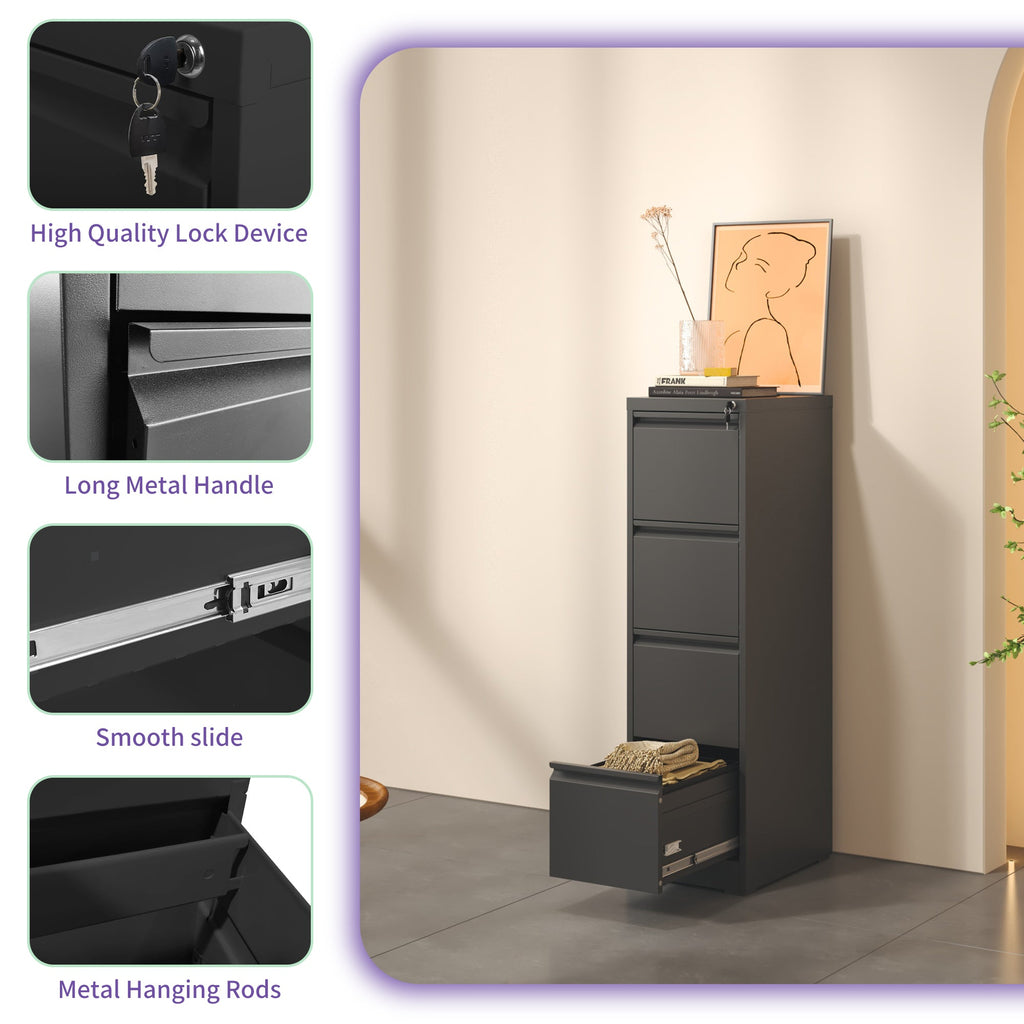 SteelCraft Pro 4 Drawer Metal Vertical File Cabinet with Lock for A4 Legal/Letter Size, Black Metal