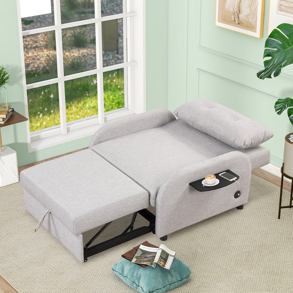 3-in-1 Pull Out Sofa Sleeper with Wing Table and USB Charge, Gray Linen, Iron Frame, 36.2-71.7'D x 42.9'W x 35.8'H