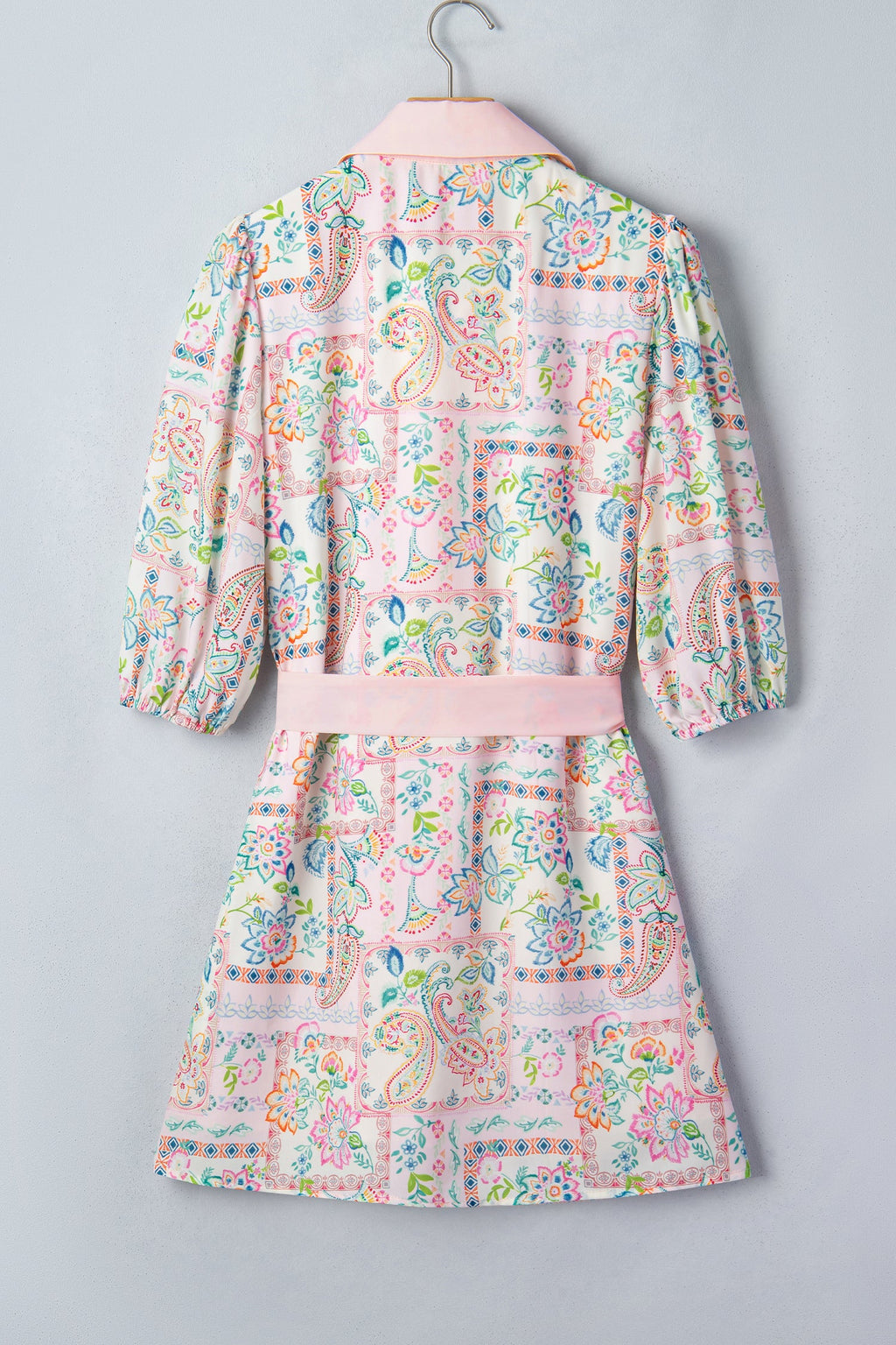 Boho Floral Colorblock 3/4 Sleeve Belted Mini Dress