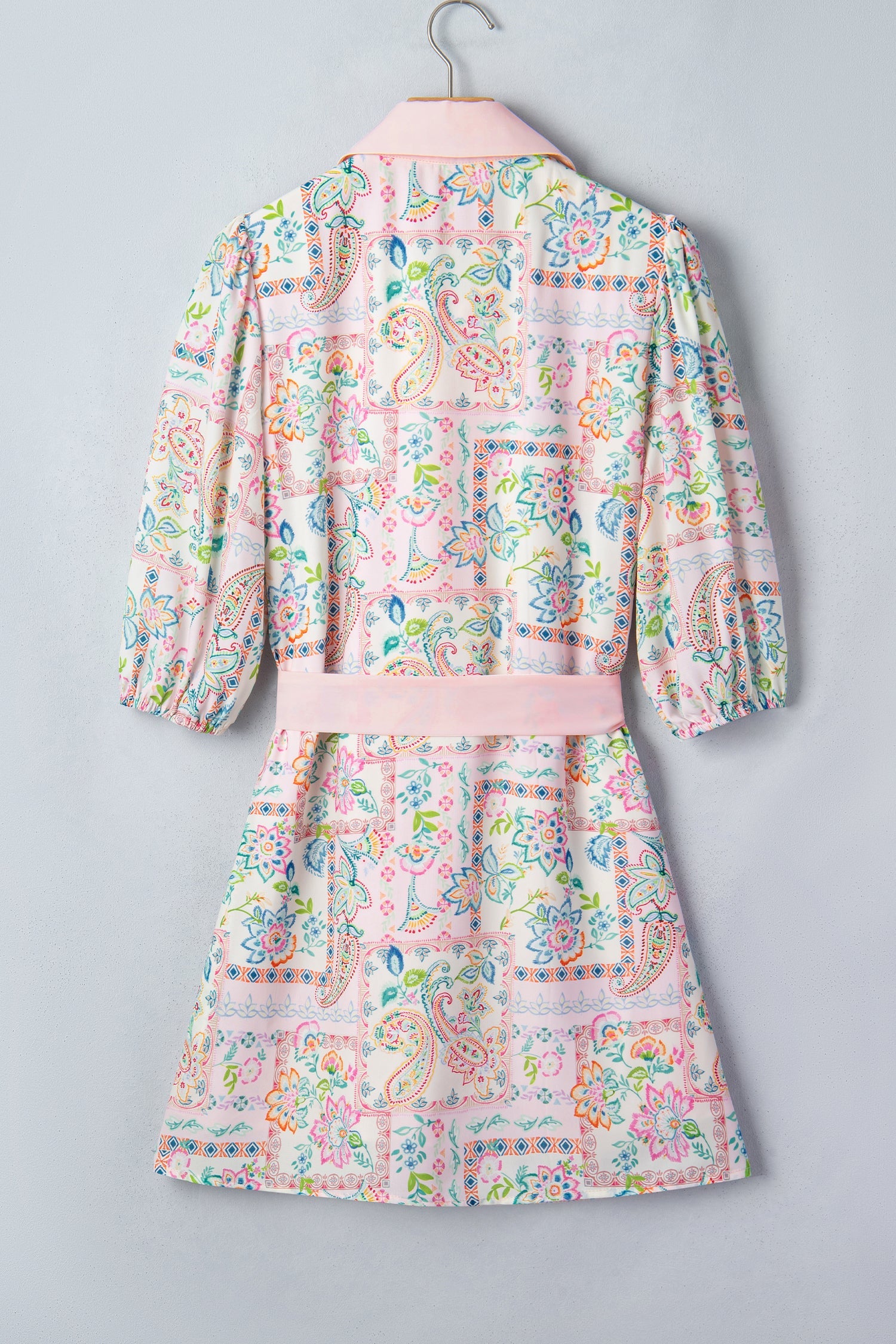Boho Floral Colorblock 3/4 Sleeve Belted Mini Dress