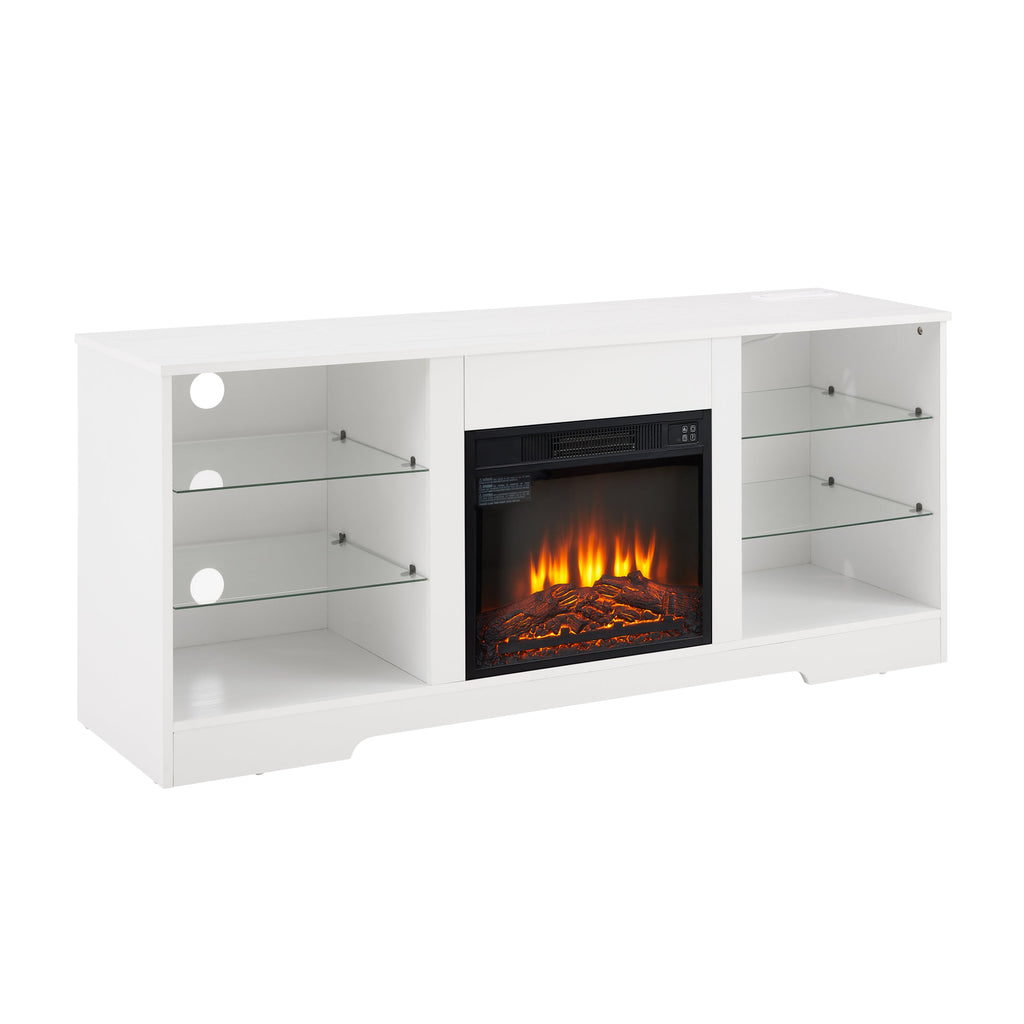 TV Stand Electric Fireplace  Glass Shelves, 3D Fireplace TV Stand with LED Lights Wood with USB Charging Outlet Modern Television Table Center for TV up to 62' White, 58''W*15.5''D*24.4