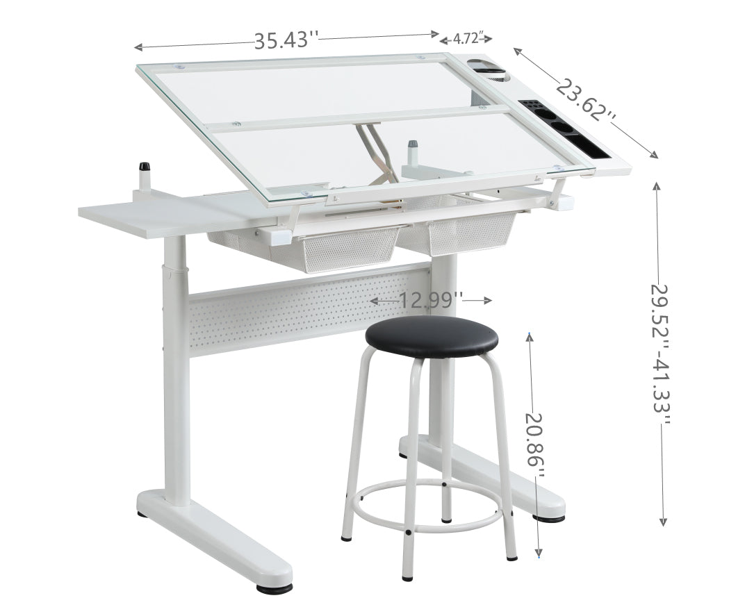 hand crank adjustable drafting table drawing desk with 2 metal drawers (white)WITH STOOL