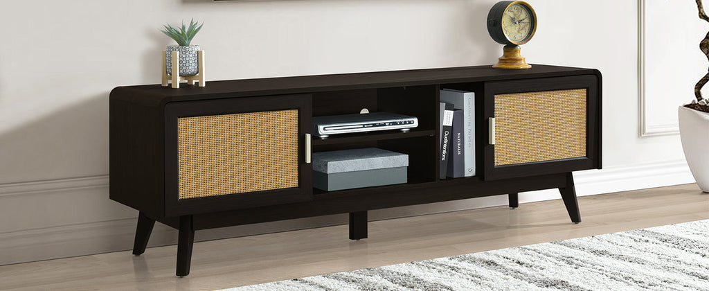 63'' Dark Rattan TV Stand with 2 Storage Cabinets for 65 Inch TV, Entertainment Center with Solid Wood Legs, Media Console Table for Living Room, Bedroom