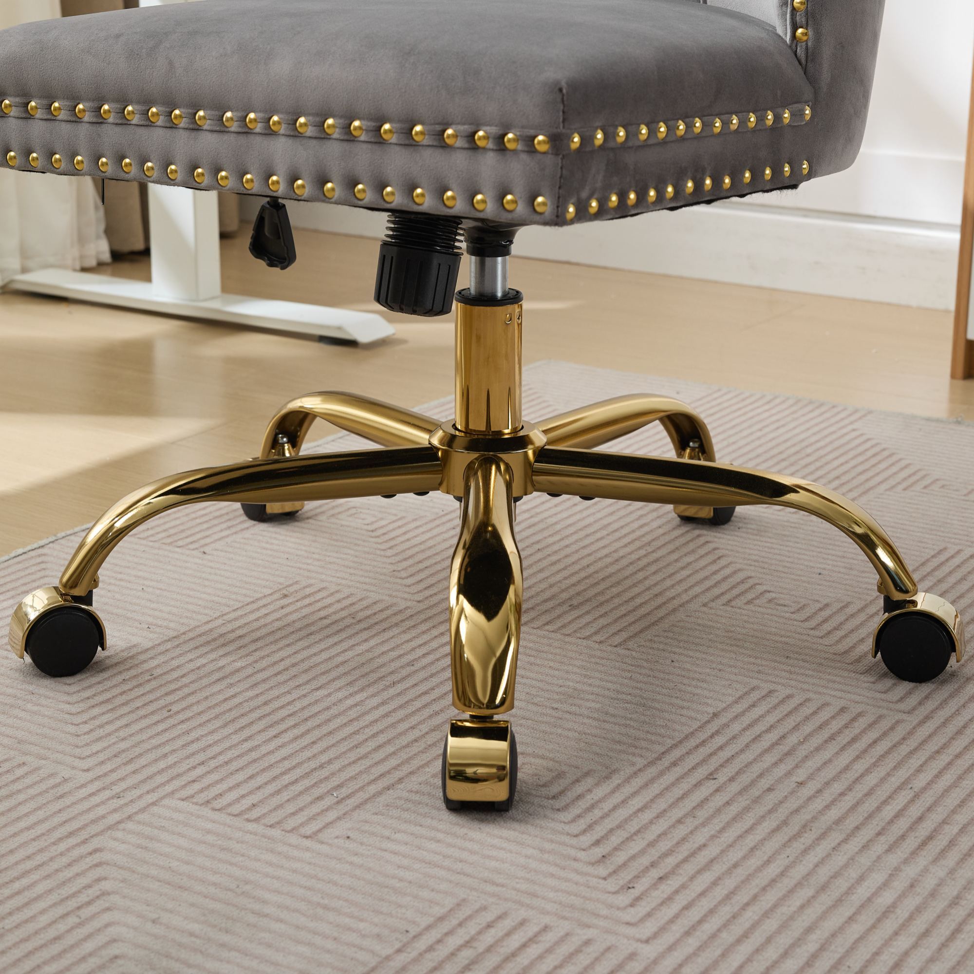 A&A Furniture Office Chair,Modern Velvet Upholstered Tufted Button Home Office Chair with Golden Metal Base,Adjustable Desk Chair Swivel Office Chair (Gray)