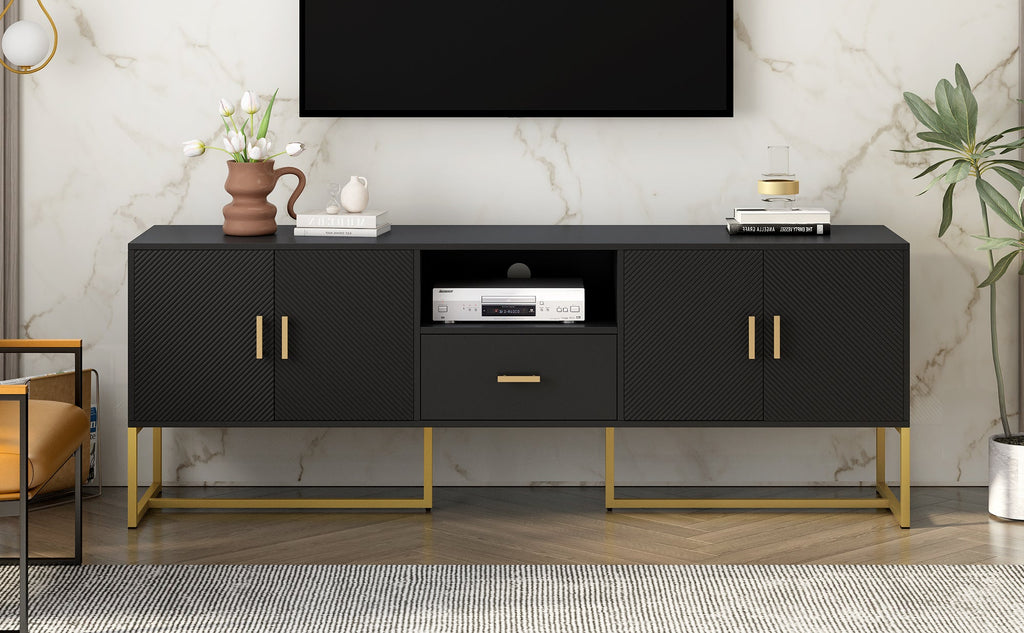 U-Can Modern TV Stand for TV up to 70 Inches,TV Cabinet with 1 Drawer, 2 Cabinets and Metal Legs, Handles and Anti-tip Device for Living room