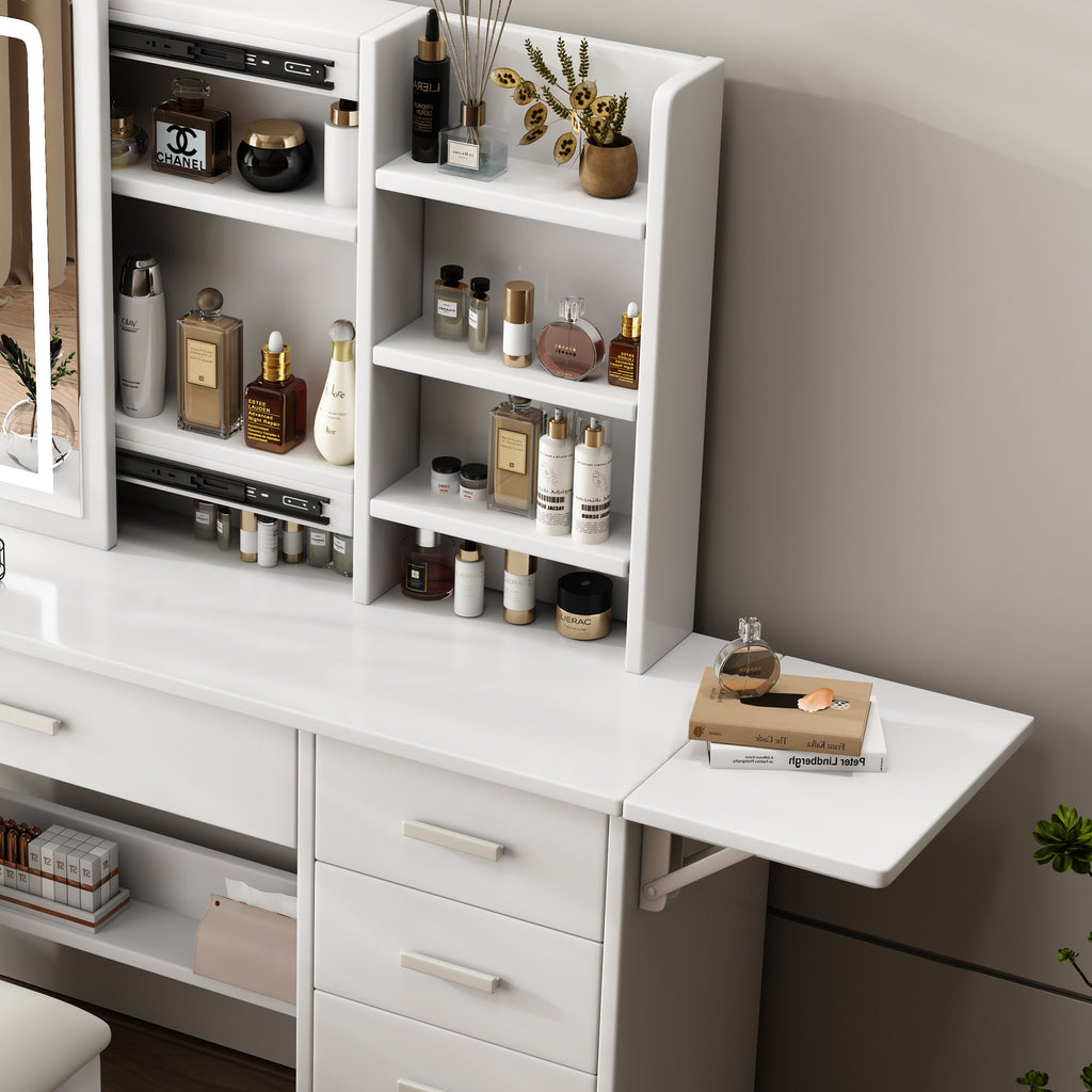 Fashion Vanity Desk with Mirror and Lights for Makeup, White MDF, 5 Drawers, Adjustable Lighting