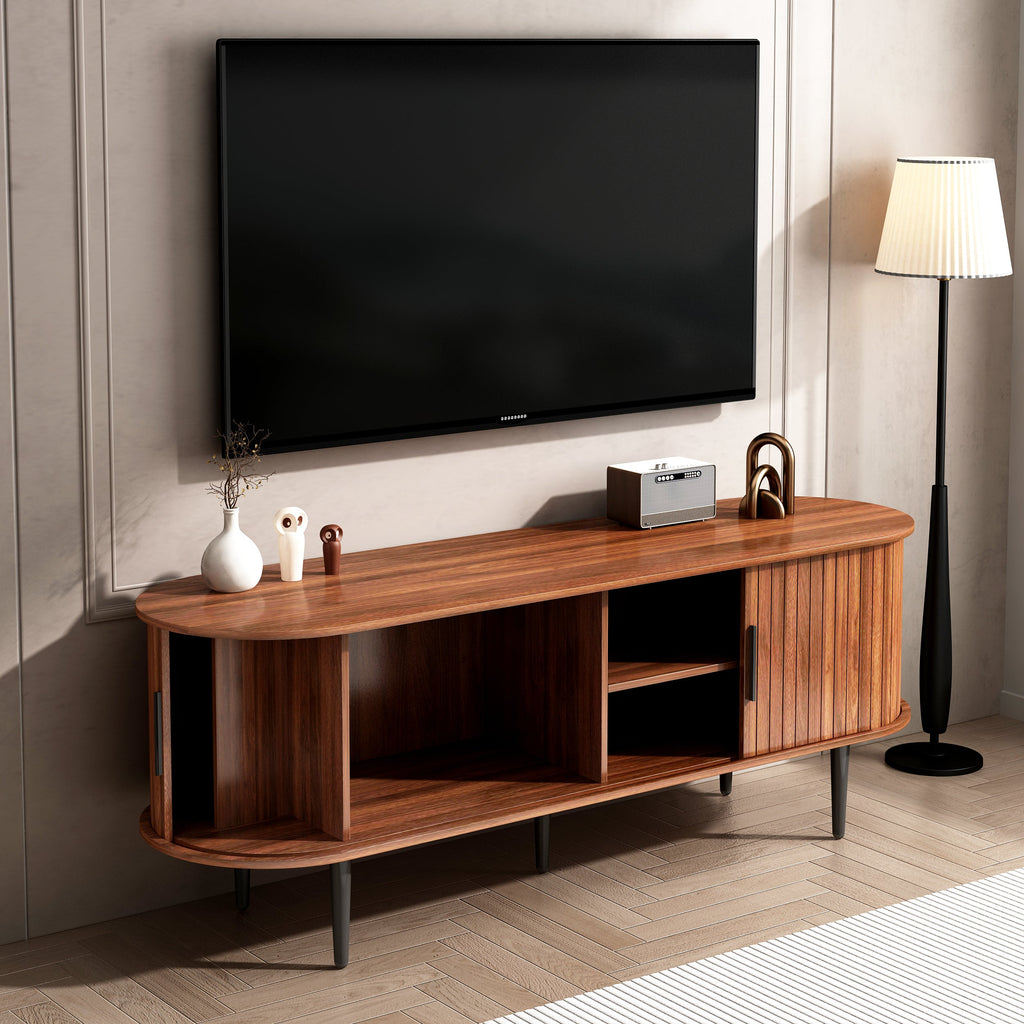 TV Stand, 55' Modern TV Console Table with Storage Compartment and Sliding Door, Gaming Entertainment Center with Cabinet for Living Room, Bedroom, Office (Walnut) BACK-TO-SCHOOL