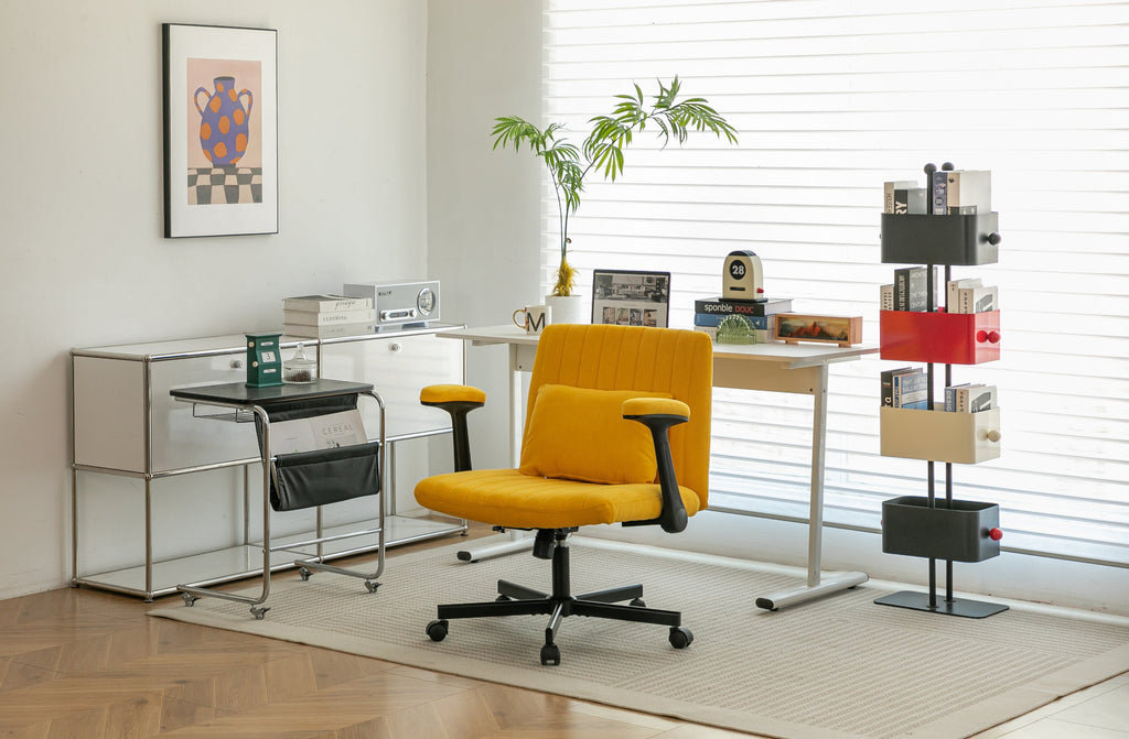 Yellow Linen Criss Cross Armrest Office Chair with Wheels - Ergonomic for Home Office, Work & Study