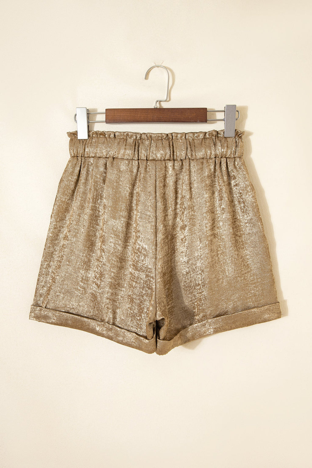 Metallic Tie Elastic Waist Cuffed Hem Shorts