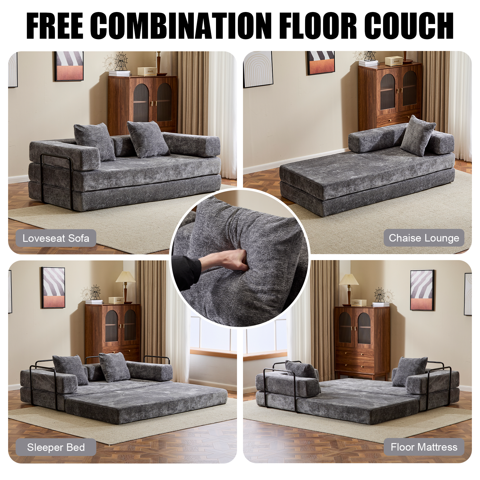 Floor Couch,Compression Sofa,Convertible Floor Sofa Bed-with Pillow Back Support Armrest,Comfy Futon Couch Lounge Sleeper Bed,Chenile fabric,for Living Room Bedroom (DARK-GREY)