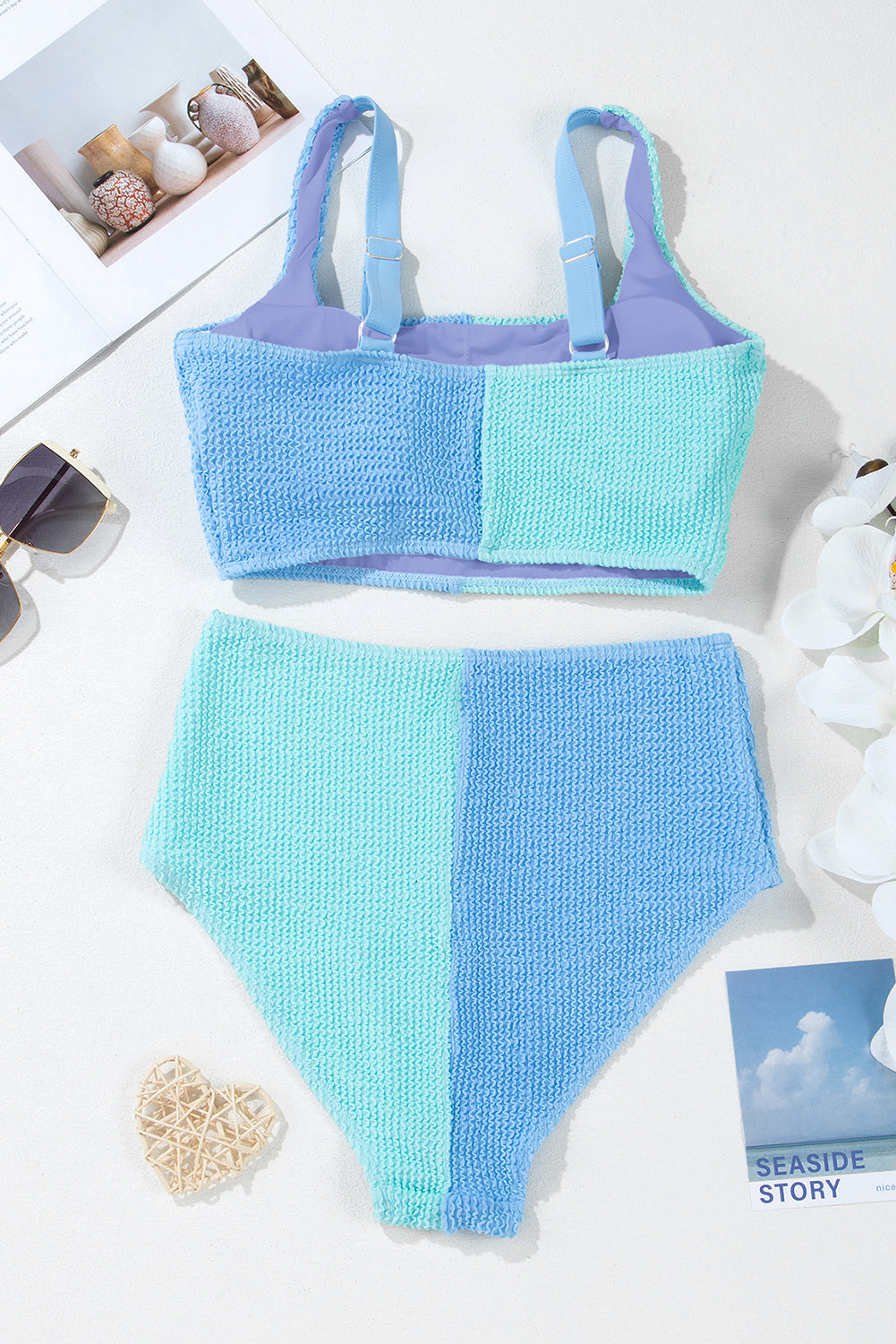 Colorblock Corded Top & High Waist Bikini Set