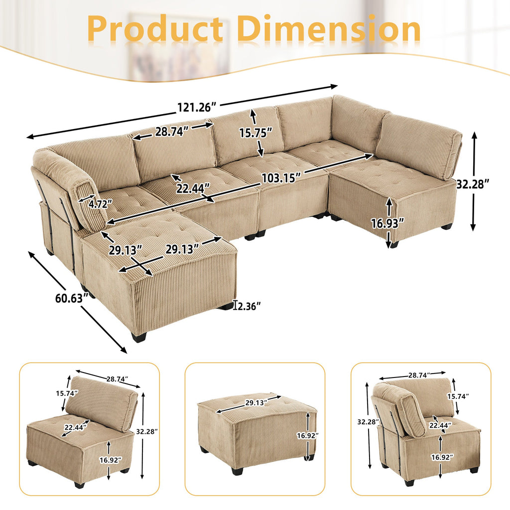 UNITED WE WIN Modular Sectional Sofa U Shaped Modular Couch with Reversible Chaise Modular Sofa Sectional Couch,6- Seat Convertible Sofa,Fit for Living Room