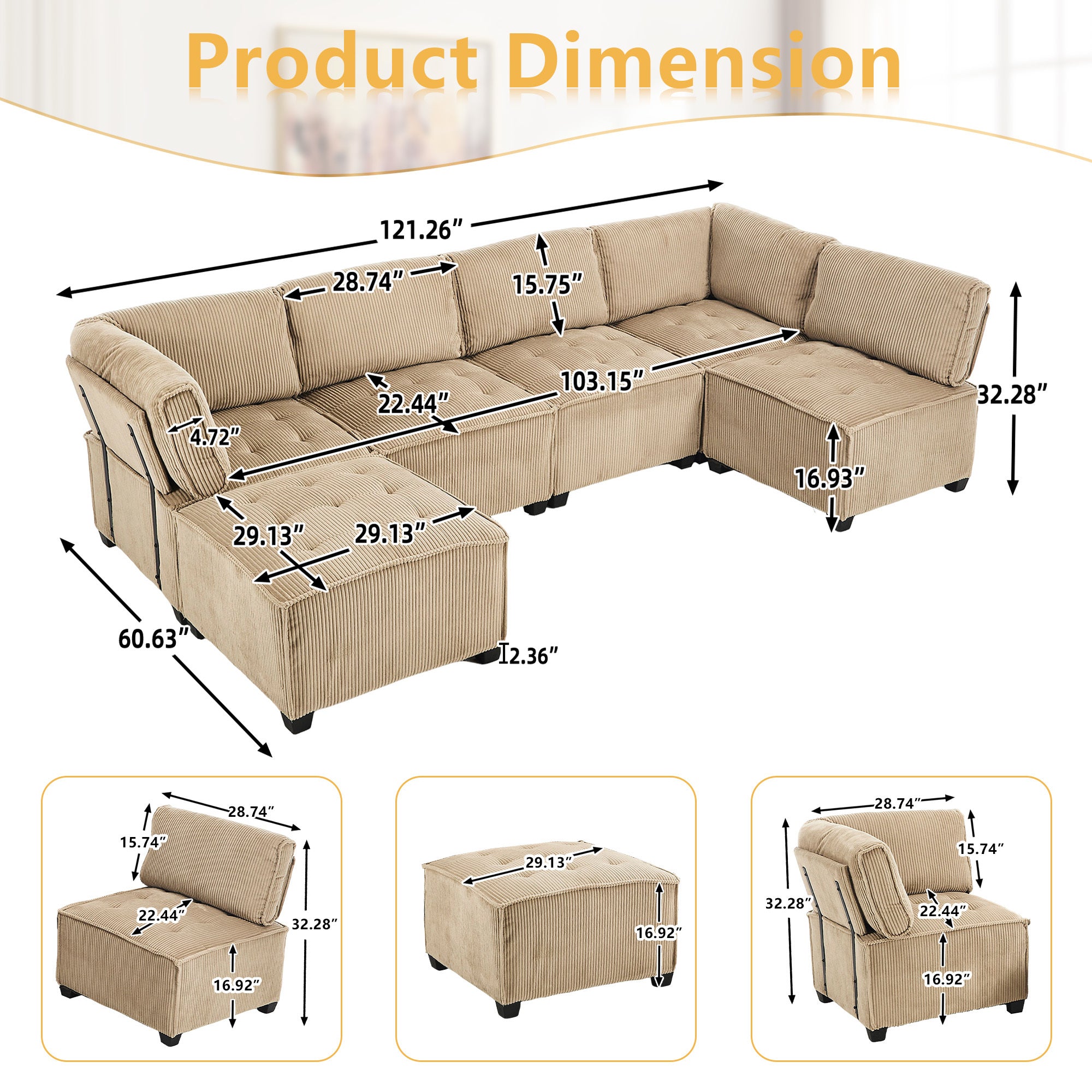 UNITED WE WIN Modular Sectional Sofa U Shaped Modular Couch with Reversible Chaise Modular Sofa Sectional Couch,6- Seat Convertible Sofa,Fit for Living Room