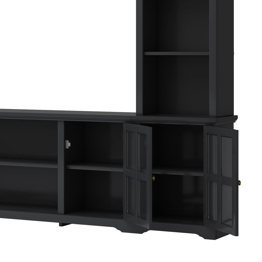 [VIDEO provided] ON-TREND Minimalism Entertainment Wall Unit with Bridge, Modern TV Console Table for TVs Up to 70', Multifunctional TV Stand with Tempered Glass Door, Black (Old SKU: SD000009AAB)