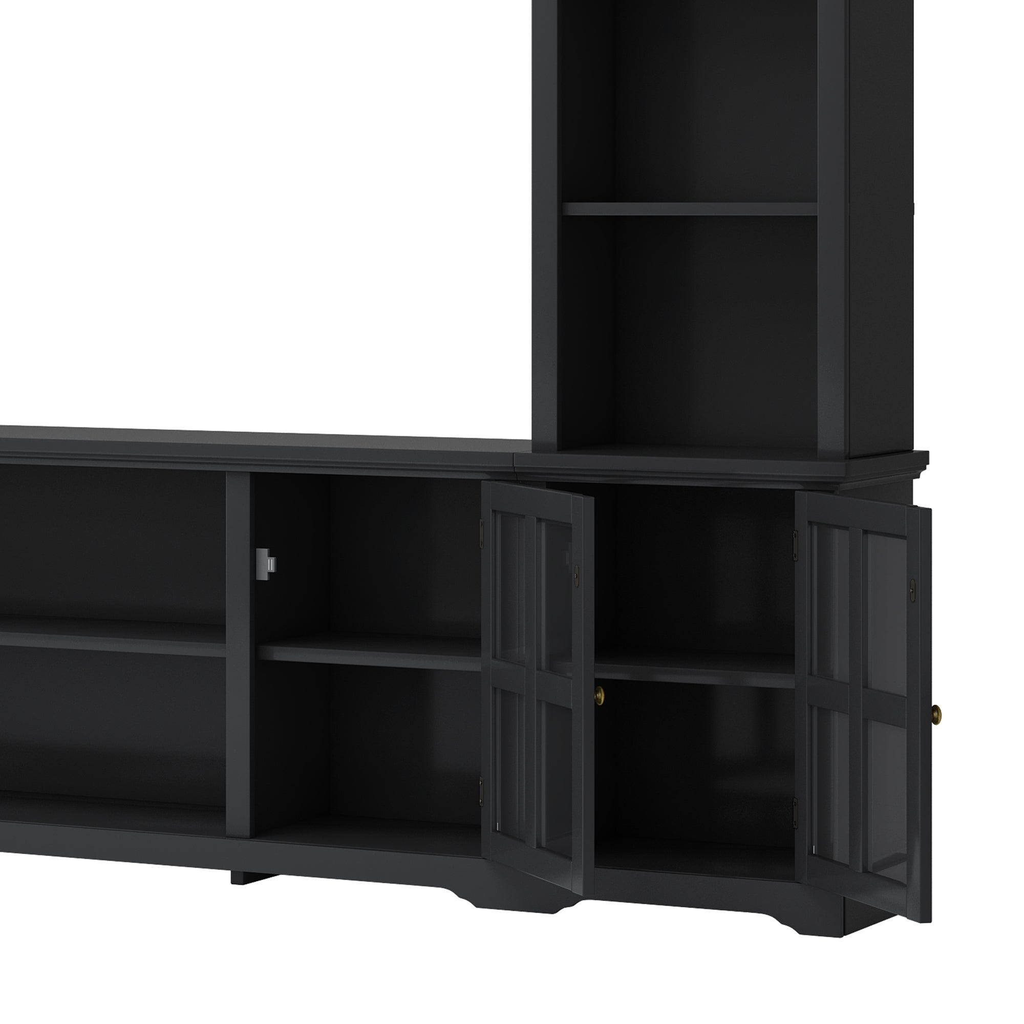[VIDEO provided] ON-TREND Minimalism Entertainment Wall Unit with Bridge, Modern TV Console Table for TVs Up to 70', Multifunctional TV Stand with Tempered Glass Door, Black (Old SKU: SD000009AAB)