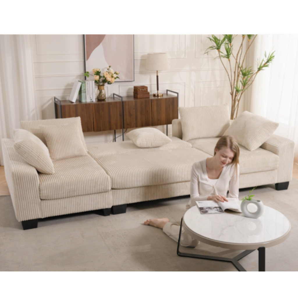 [NEW ARRIVED] [VIDEO PROVIDED] 114' Sleeper Sofa,U Shaped Sofa , Pull Out Bed,Convertible Oversize 2 in 1 Sleeper Sofa, Living Room,Upholstery Sofa Bed,Adjustable Sleeper Sofa,Corduroy,Beige