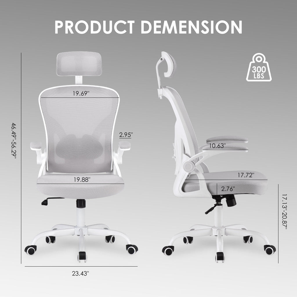 Ergonomic Office Chair, Home Office Desk Chair with Headrest, High Back Computer Chair with Armrests and Adjustable Lumbar Support for Home Office Study Room,White & Gray
