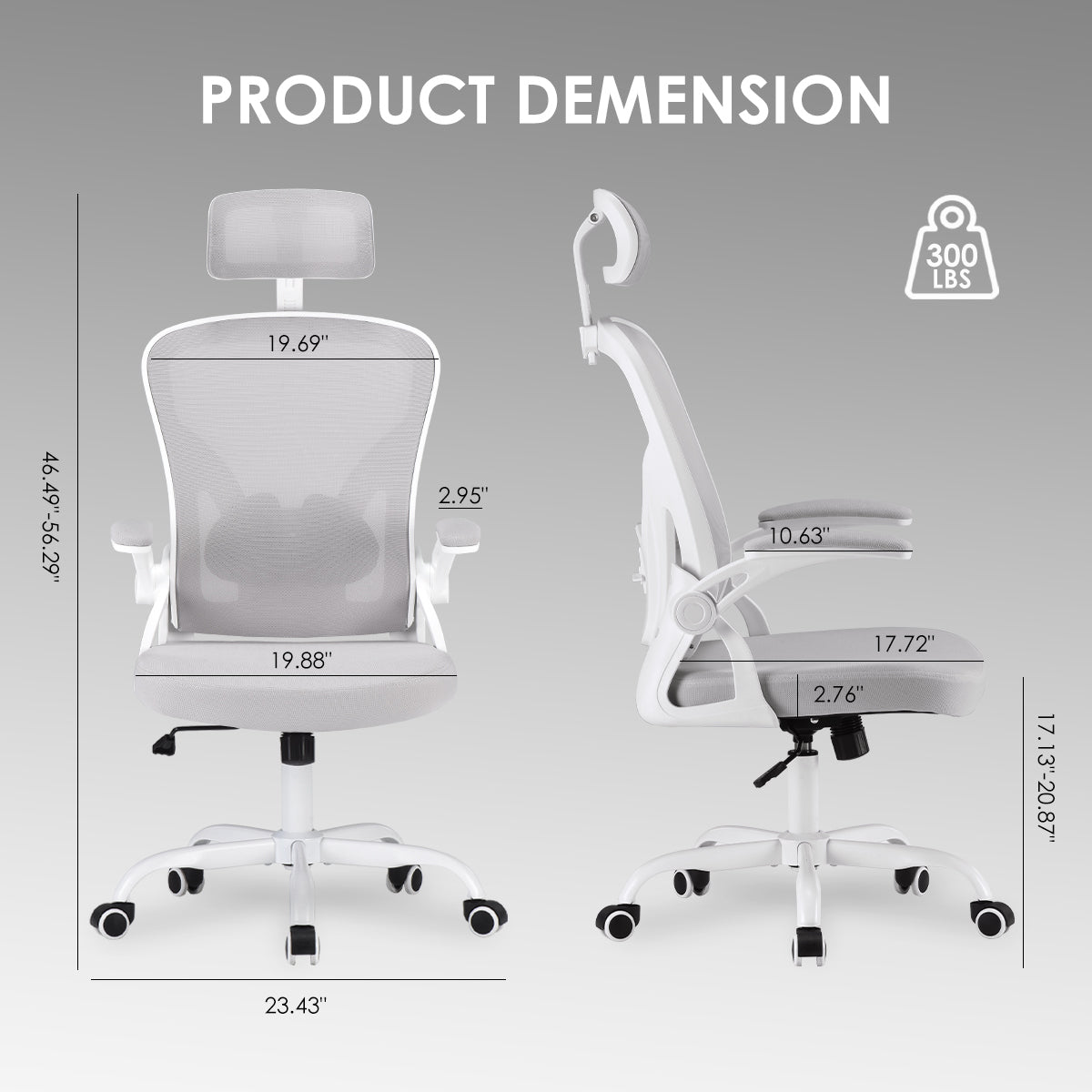 Ergonomic Office Chair, Home Office Desk Chair with Headrest, High Back Computer Chair with Armrests and Adjustable Lumbar Support for Home Office Study Room,White & Gray