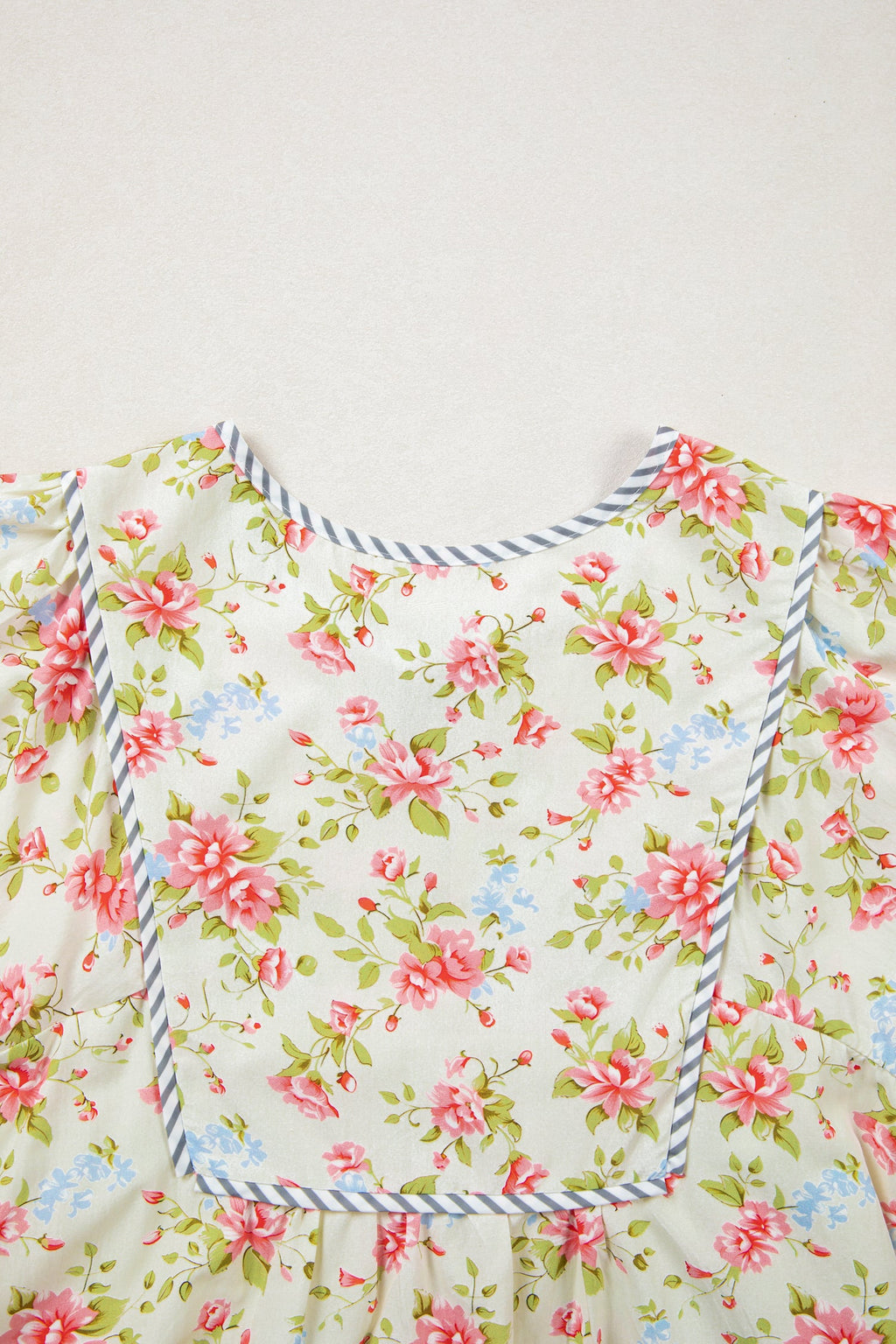 Floral Stripe Trim 3/4 Puff Sleeve Dress