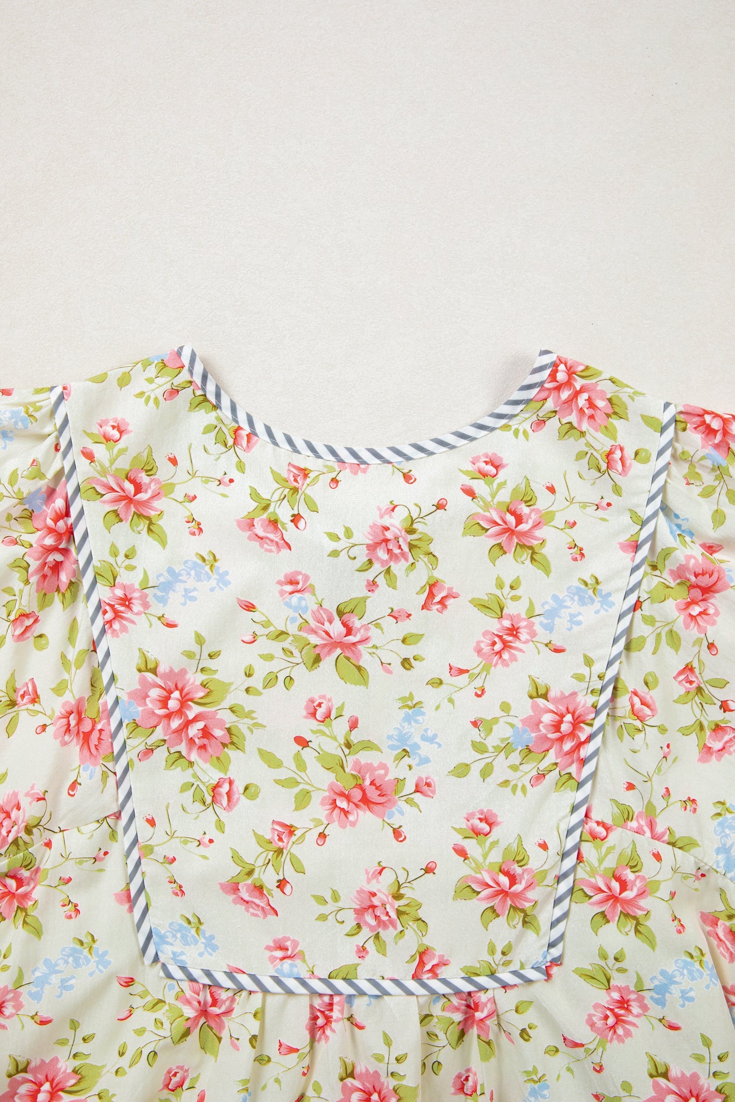 Floral Stripe Trim 3/4 Puff Sleeve Dress