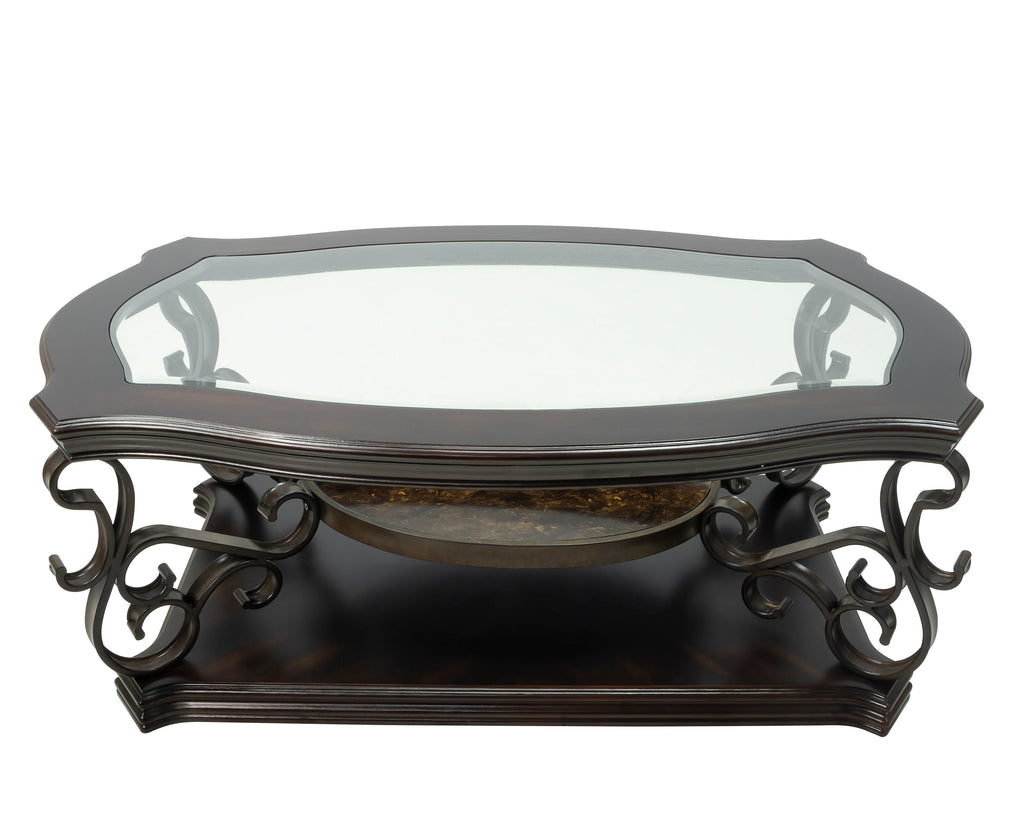 Cocktail Table, Glass table top, MDF W/marble paper middle shelf, powder coat finish metal legs. (52'Lx32'Wx20.3'H)