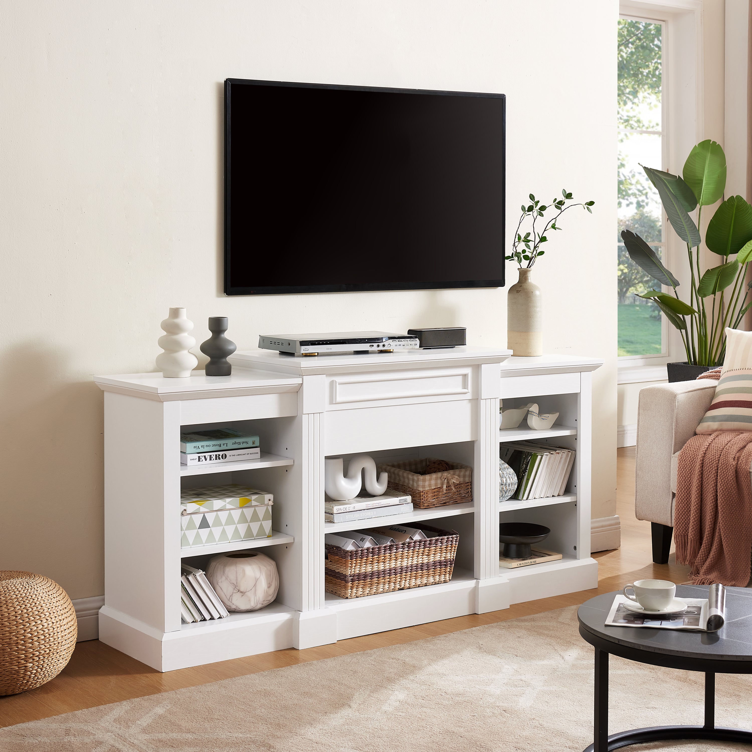Media Console Table with Large Storage Cabinet, Modern TV Media Entertaionment Stand, White, 65.75'W*17'D*32.48'H
