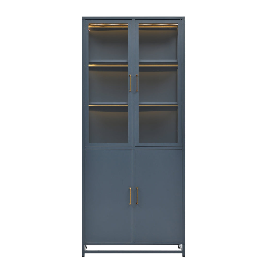 Modern Style 76.75'' Tall Steel Display Cabinet with Double Glass Doors, LED Lights, 3-Sided Glass for Collectibles - Dark Blue