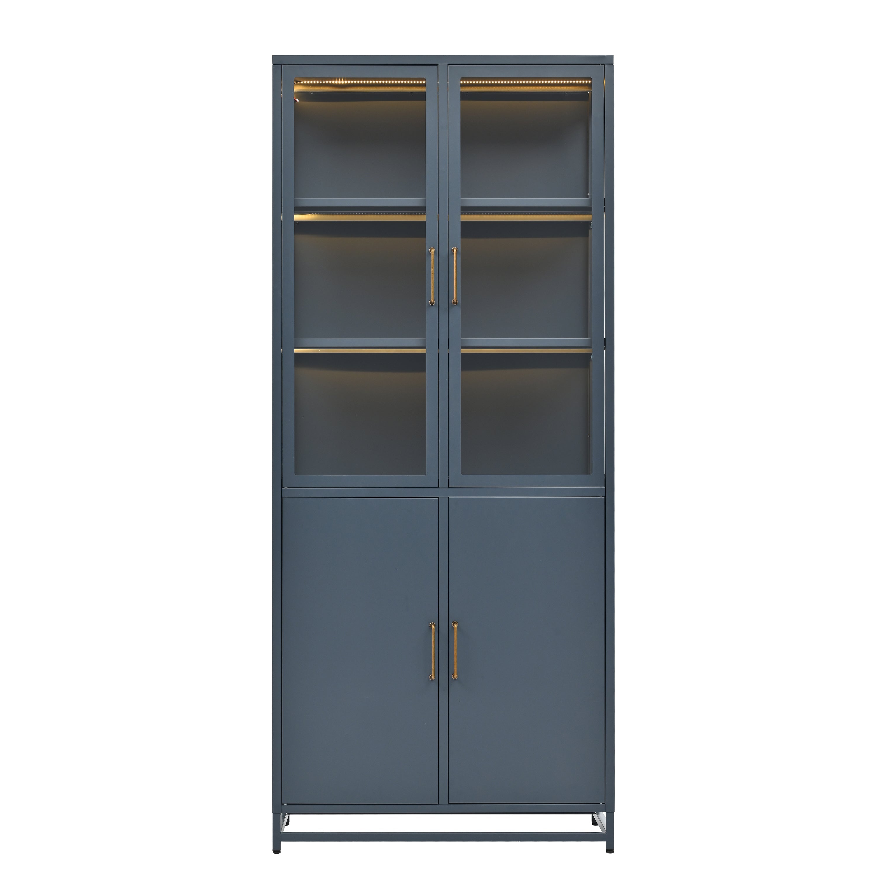 Modern Style 76.75'' Tall Steel Display Cabinet with Double Glass Doors, LED Lights, 3-Sided Glass for Collectibles - Dark Blue