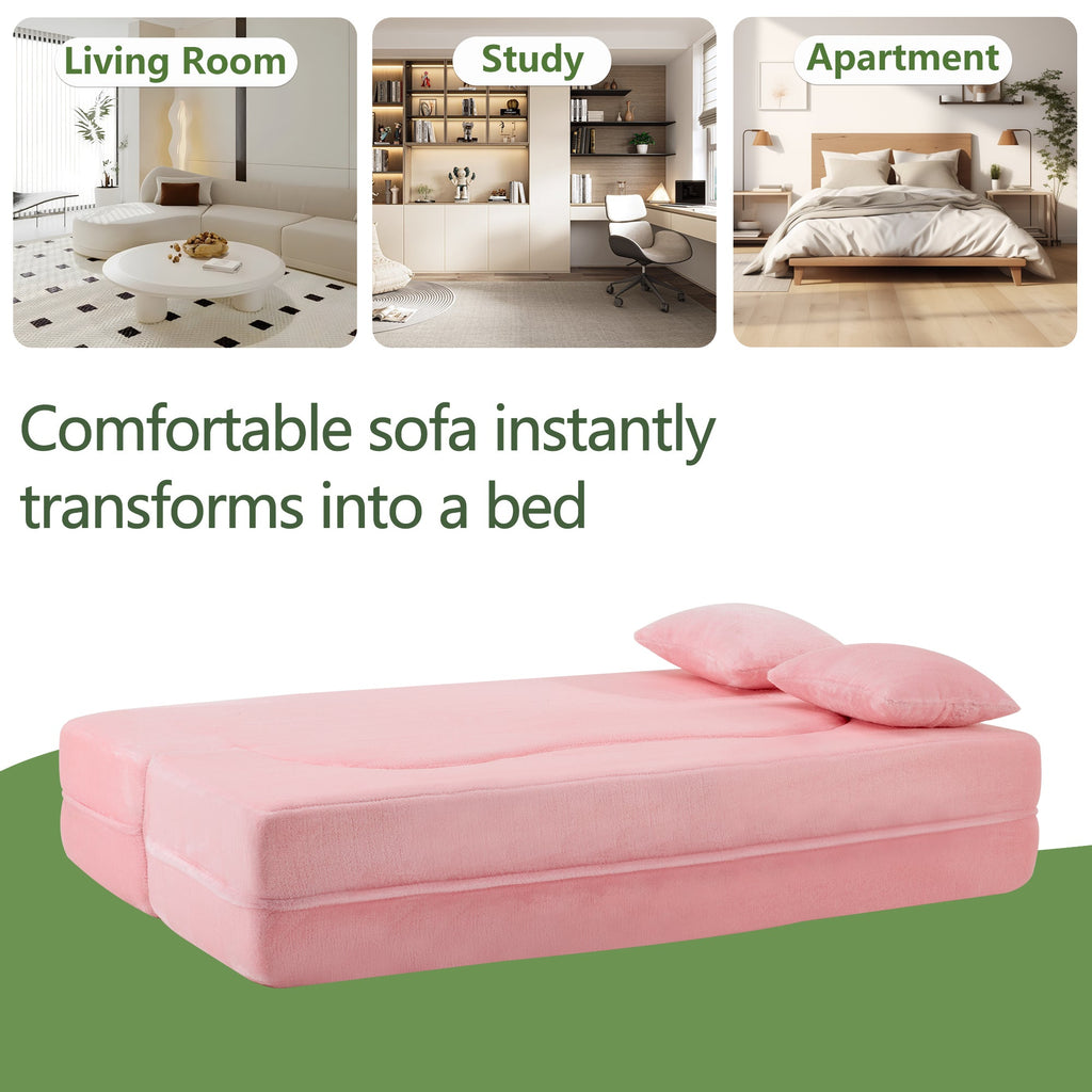 71-inch folding sofa bed, chenille futon sofa bed, high-density foam convertible sofa bed, folding floor sofa bed for living room, guest room, bedroom, pink