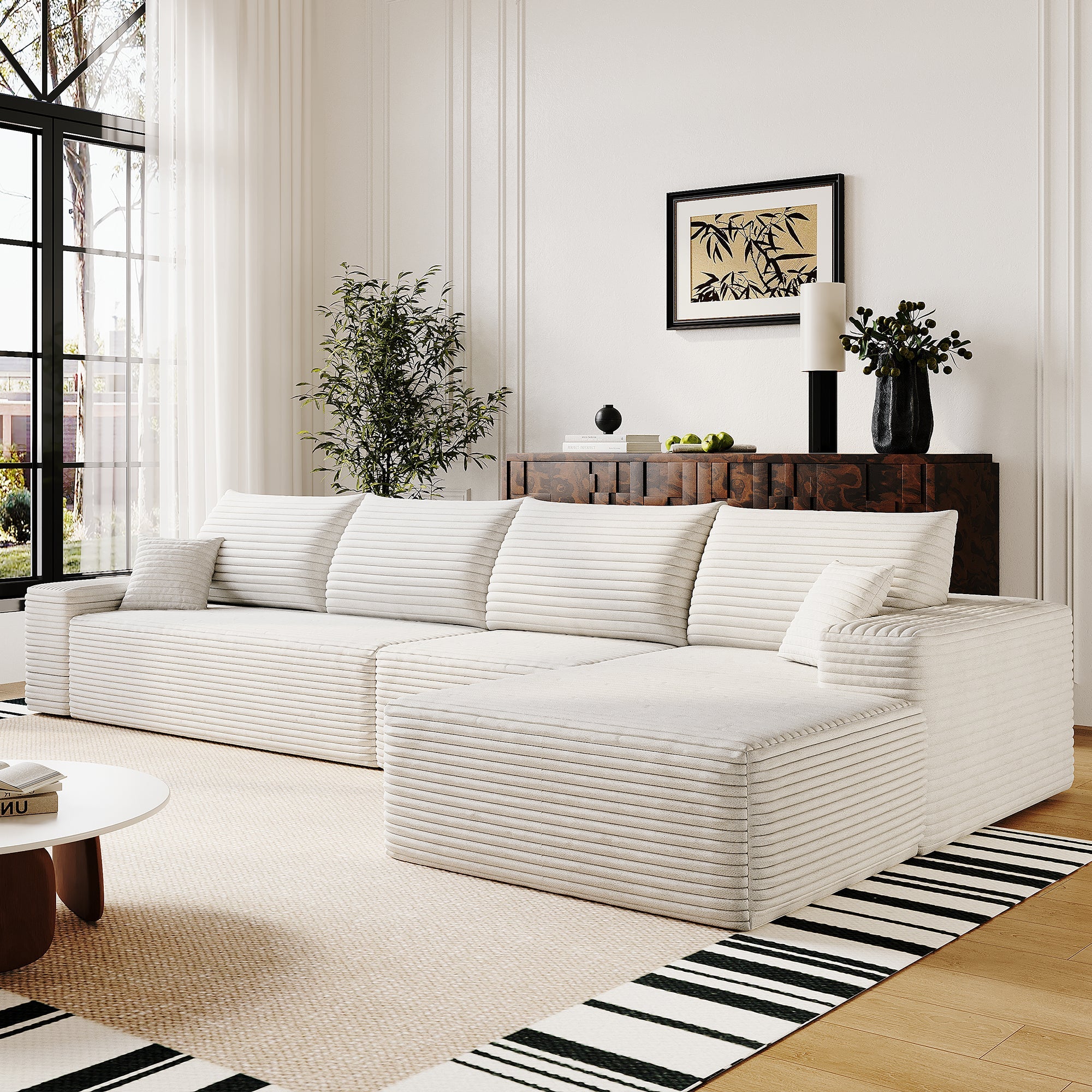 135' Cloud Sectional Couch with L-Shape Chaise,Modern Modular Sofa with Deep Seat, Upholstered Couches for Living Room Bedroom,No Assembly Required, (Plush Corduroy Fabric),White