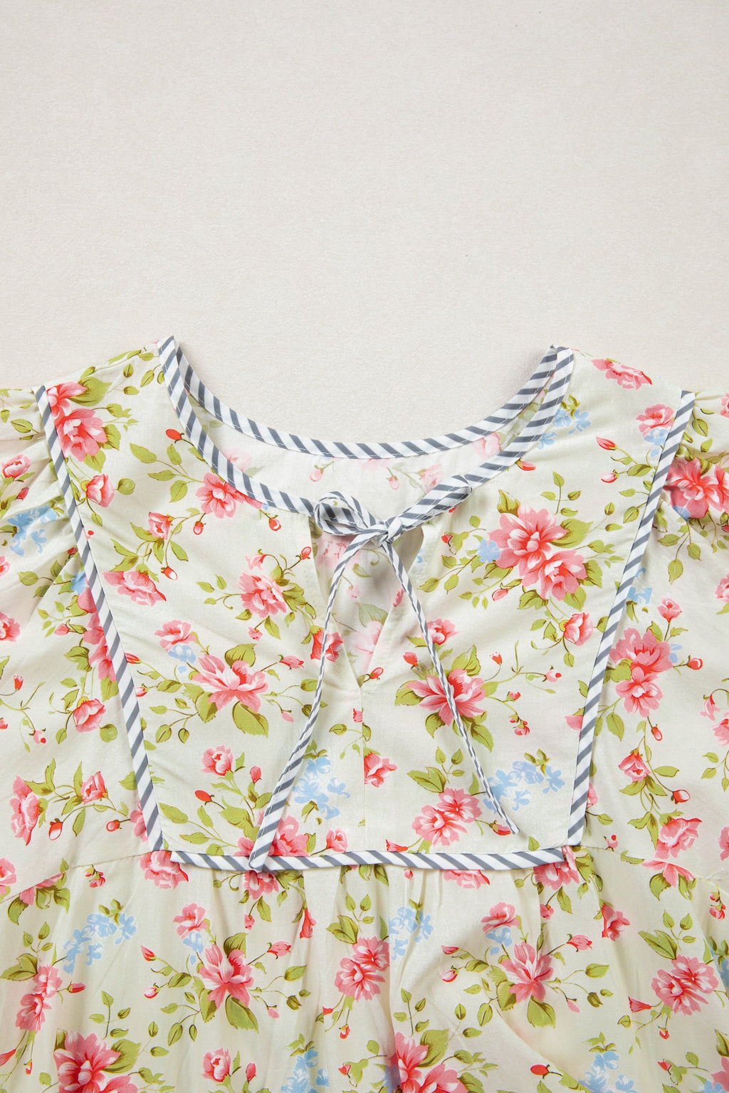 Floral Stripe Trim 3/4 Puff Sleeve Dress