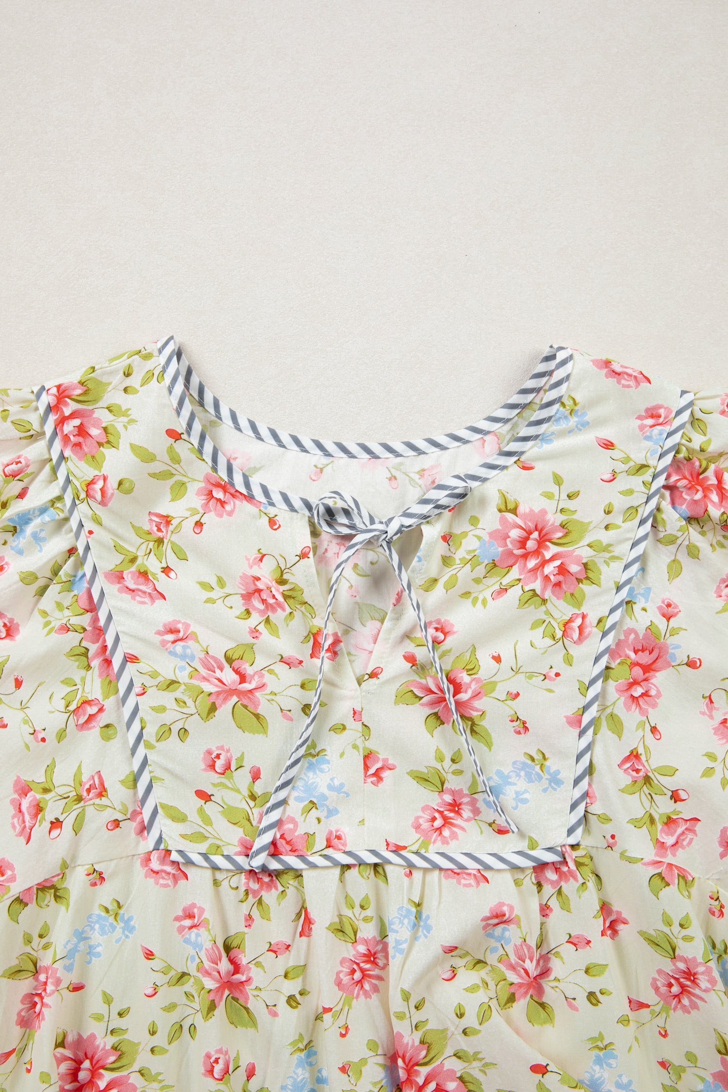 Floral Stripe Trim 3/4 Puff Sleeve Dress