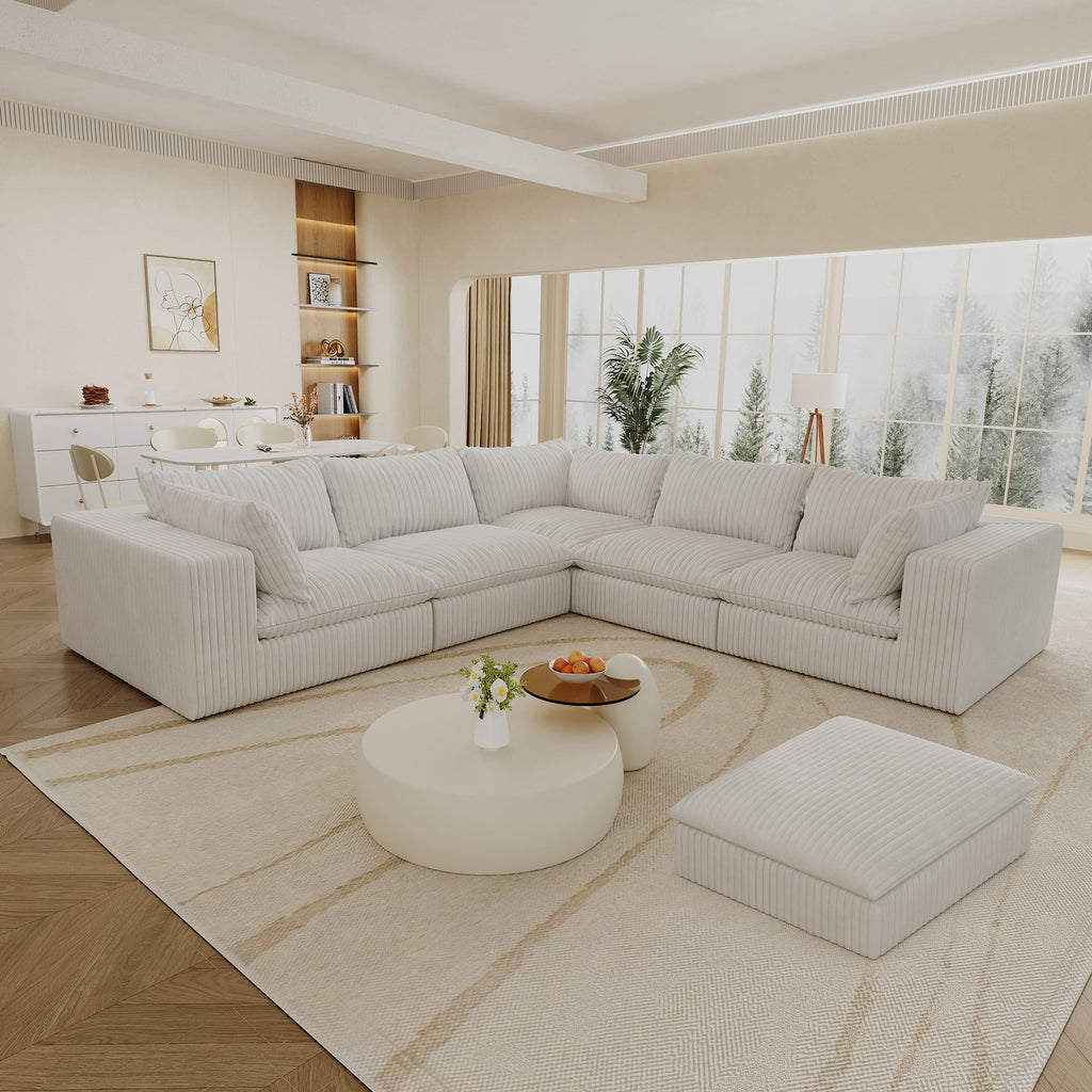 118.2' Cloud Sofa,Corduroy Fabric,Deep Seat Couches,Double-layer design,Removable Cushion,No Assembly, DIY Combination for Living room, Bedroom,Conference room ,Apartment,White