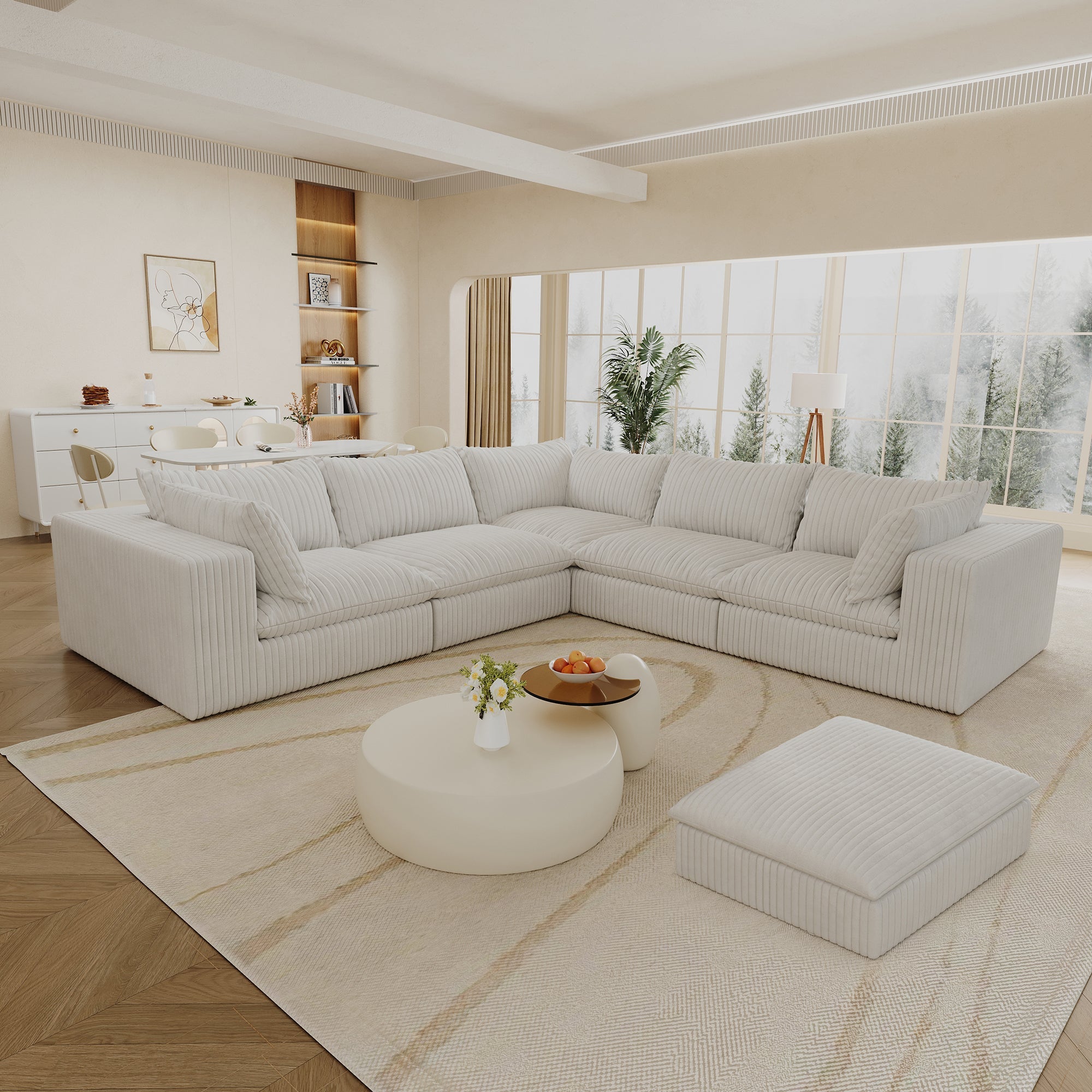 118.2' Cloud Sofa,Corduroy Fabric,Deep Seat Couches,Double-layer design,Removable Cushion,No Assembly, DIY Combination for Living room, Bedroom,Conference room ,Apartment,White