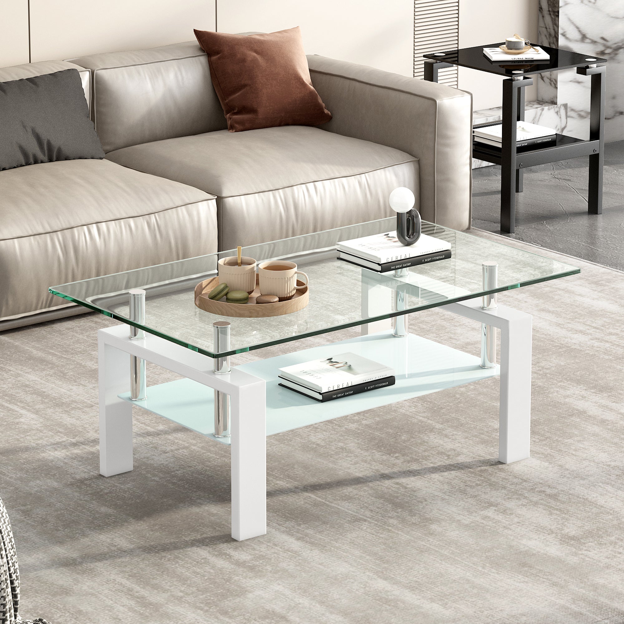 Luxury Modern Tempered Clear Glass Coffee Table with 2-Layers and Solid MDF Frame for Living Room