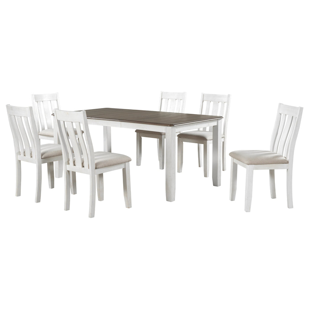TREXM Retro Style 7-Piece Dining Table Set with Extendable Table, Upholstered Chairs, Brown+White, Solid Wood