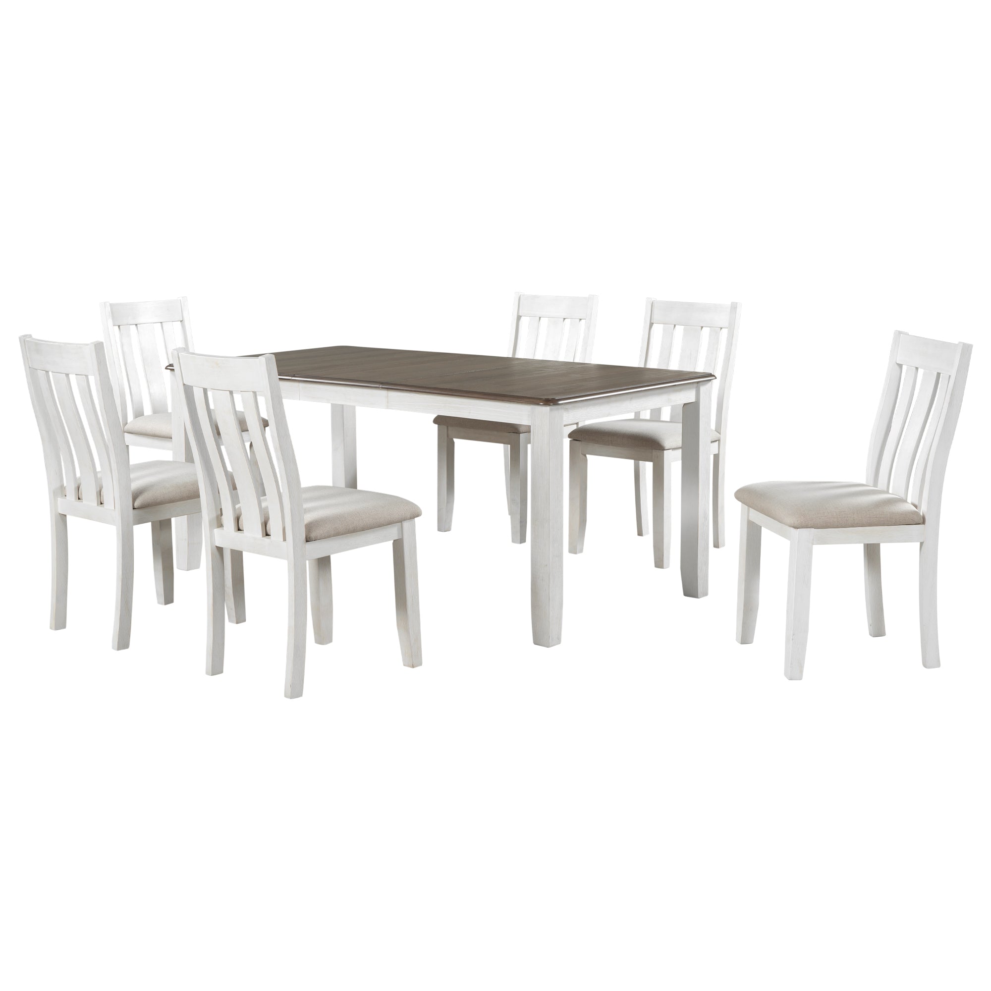 TREXM Retro Style 7-Piece Dining Table Set with Extendable Table, Upholstered Chairs, Brown+White, Solid Wood